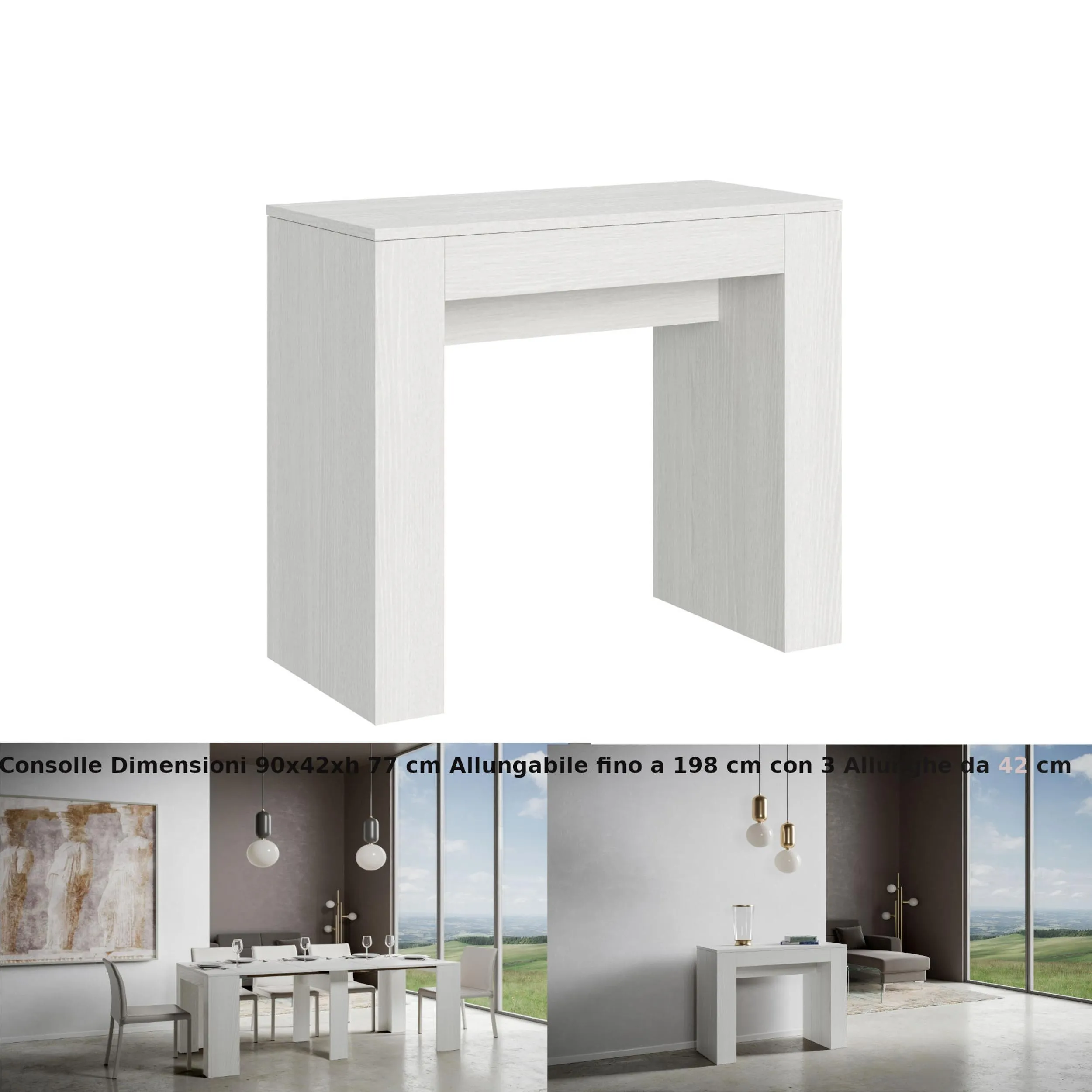 Consolle Allungabile con 3 allunghe MODEM SMALL 90x42xh77 cm estensibile fino a 198 cm Allunghe allinterno delle gambe tutto in legno di Frassino colore bianco