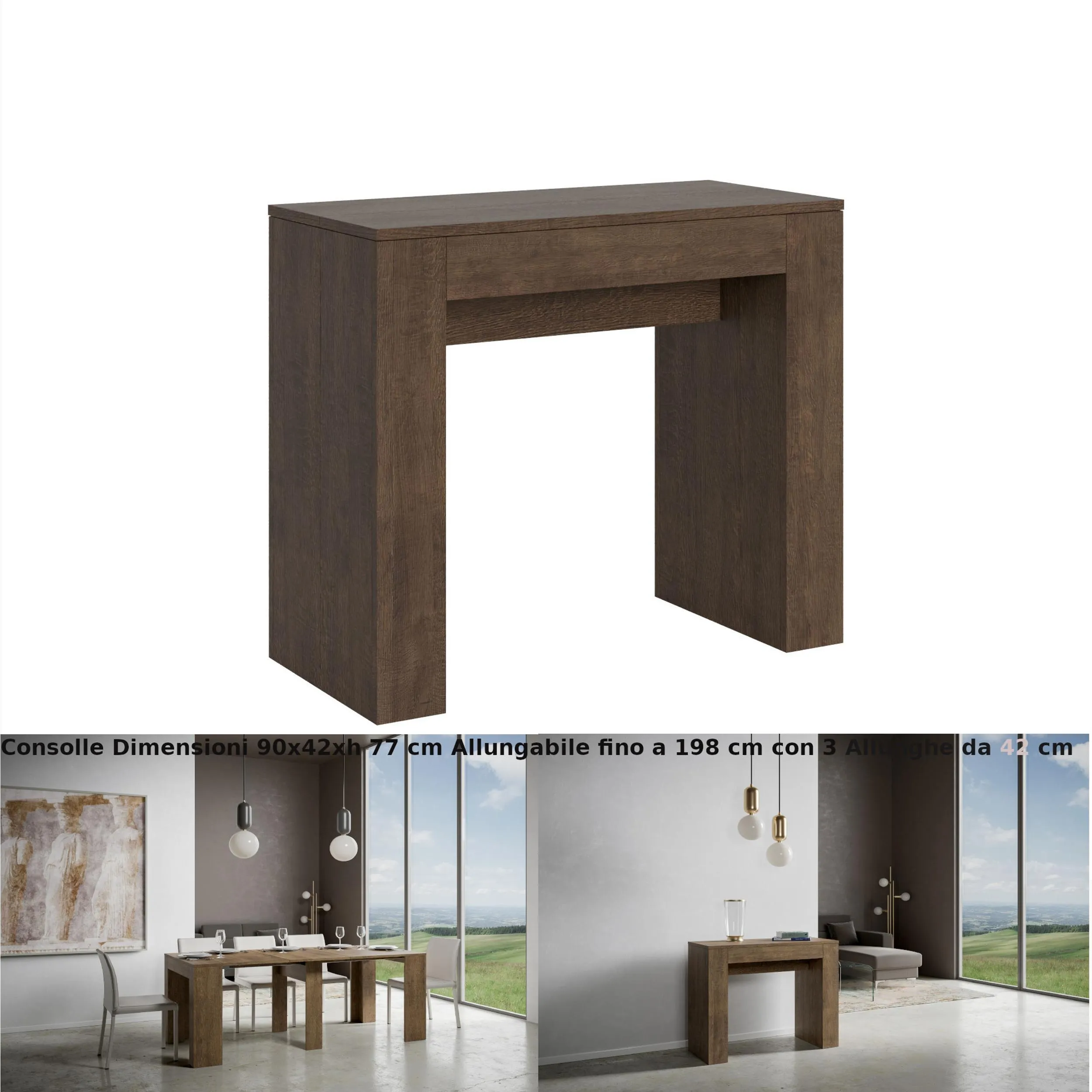 Consolle Allungabile con 3 allunghe MODEM SMALL 90x42xh77 cm estensibile fino a 198 cm Allunghe allinterno delle gambe tutto in legno di Frassino colore Noce