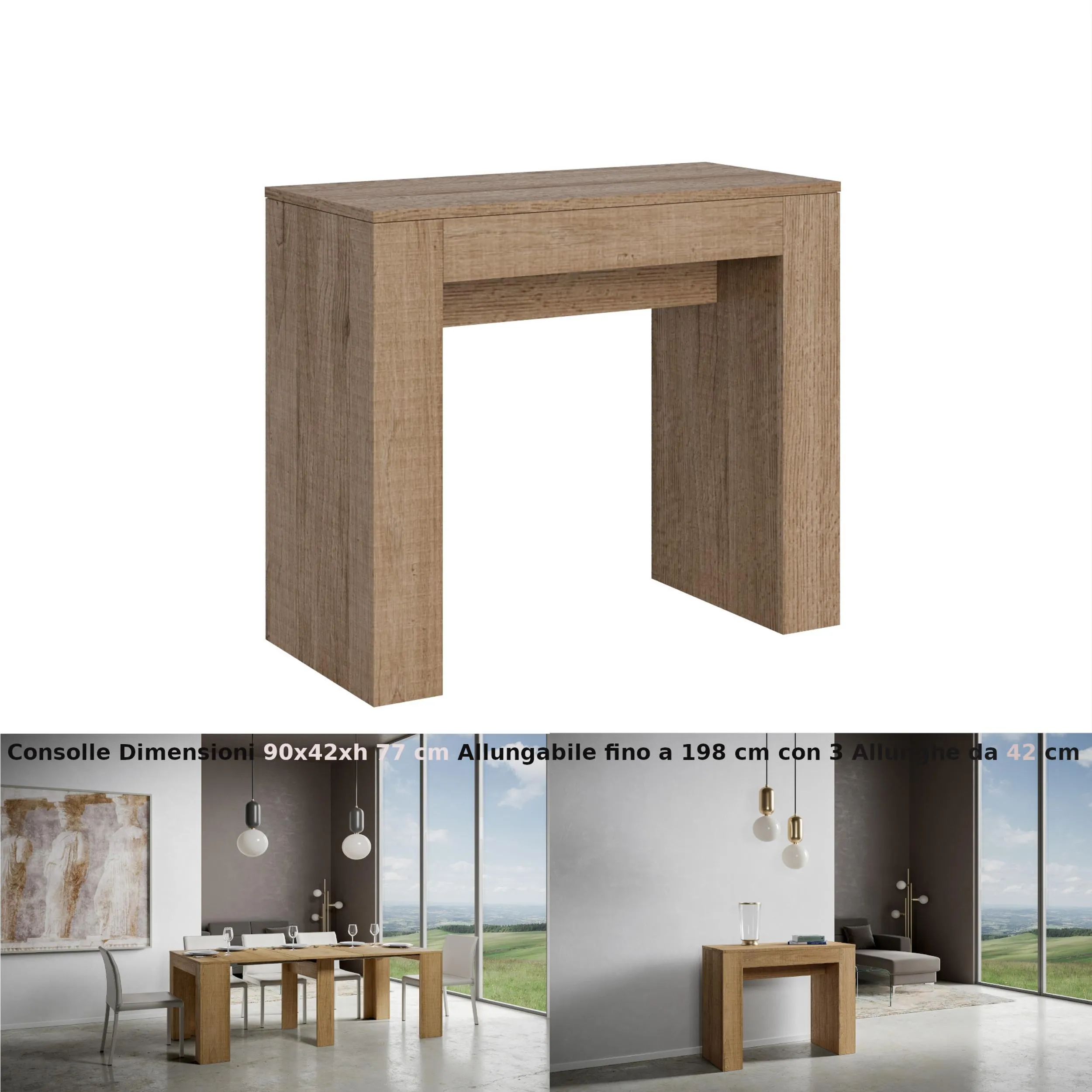 Consolle Allungabile con 3 allunghe MODEM SMALL 90x42xh77 cm estensibile fino a 198 cm Allunghe allinterno tutto in legno di Frassino colore Quercia Naturale