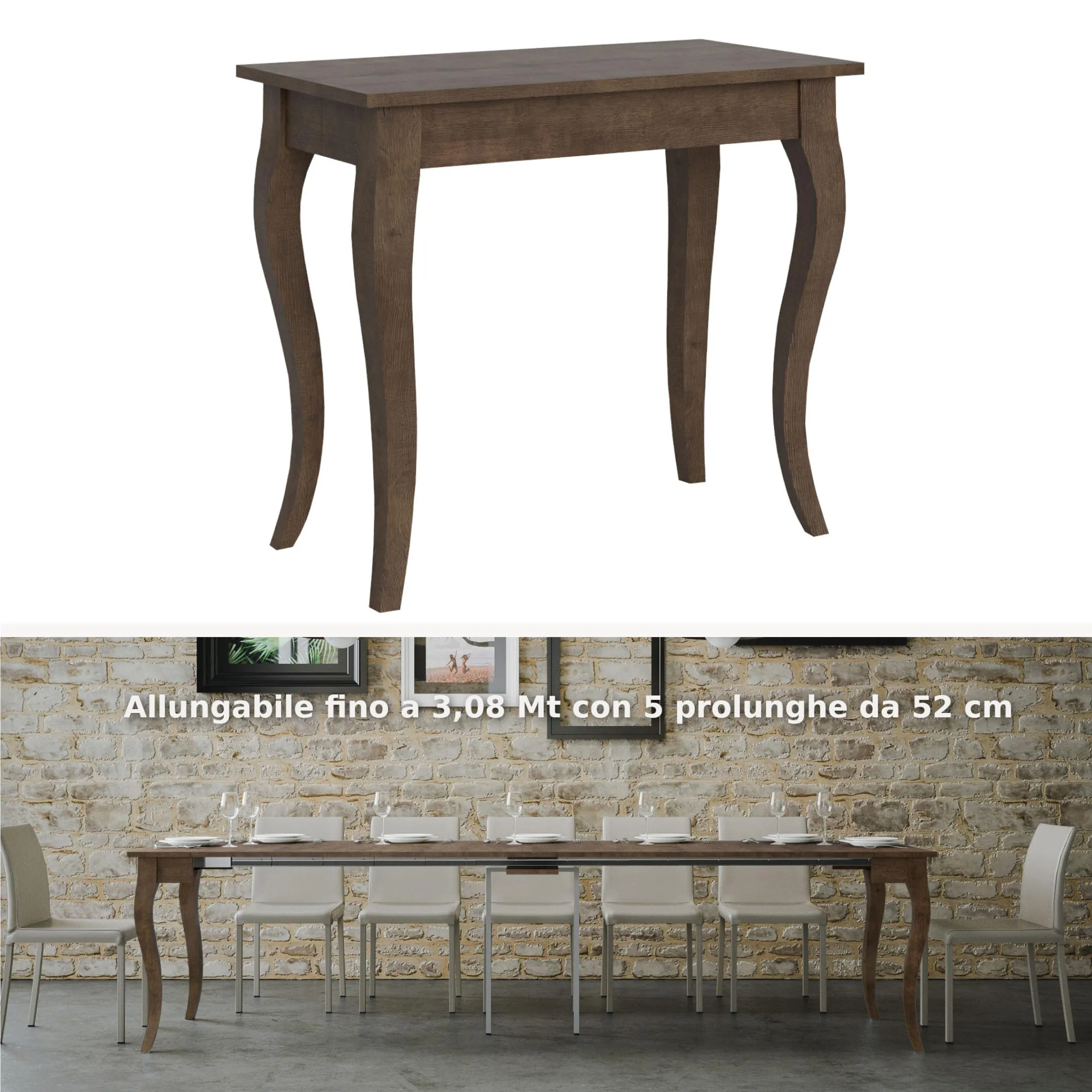 Tavolo Consolle Allungabile Noce OLANDA fino a 308 cm con 5 elementi da 52 cm, tutto in legno di Frassino 90x48xh77 cm colore Noce