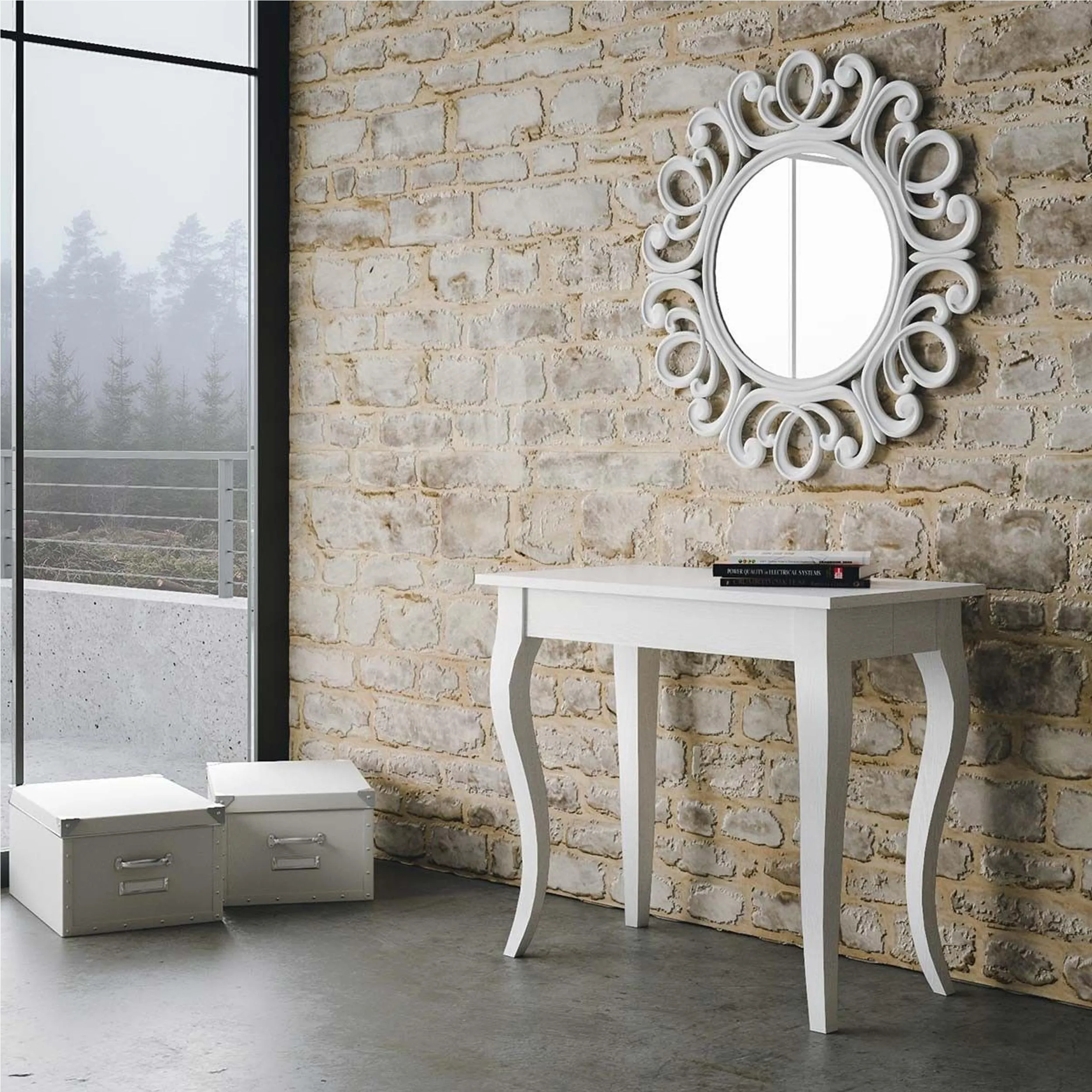 Tavolo Consolle Allungabile Small Bianco OLANDA fino a 198 cm con tre elementi da 52 cm, tutto in legno di Frassino 90x48xh77 cm colore bianco