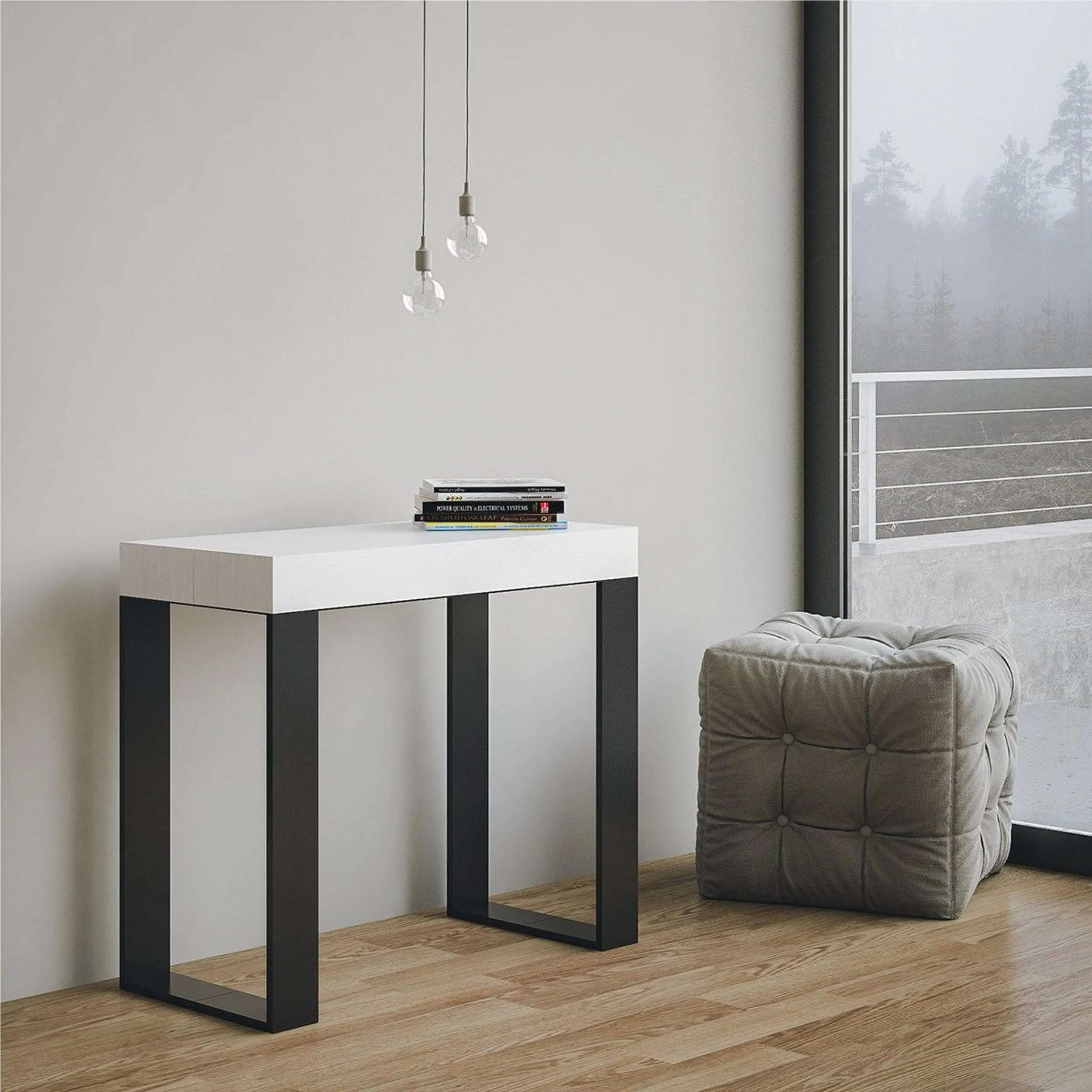 Tavolo Consolle Allungabile Bianco Tecno Telaio Antracite fino a 196 cm con 3 elementi da 52 cm, tutto in legno di Frassino 90x40xh77 cm colore bianco