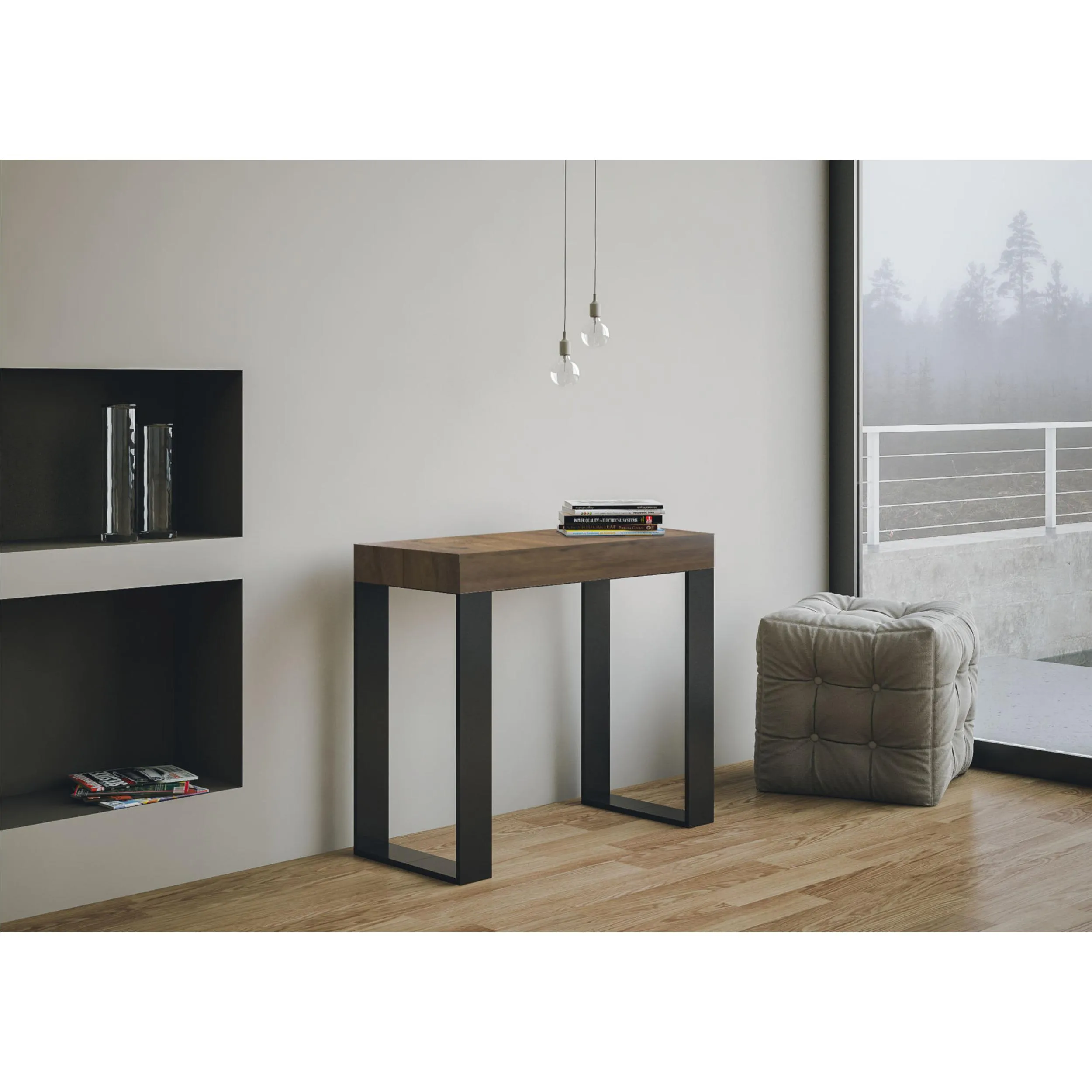 Tavolo Consolle Allungabile Bianco Tecno Telaio Antracite fino a 196 cm con 3 elementi da 52 cm, tutto in legno di Frassino 90x40xh77 cm colore Noce