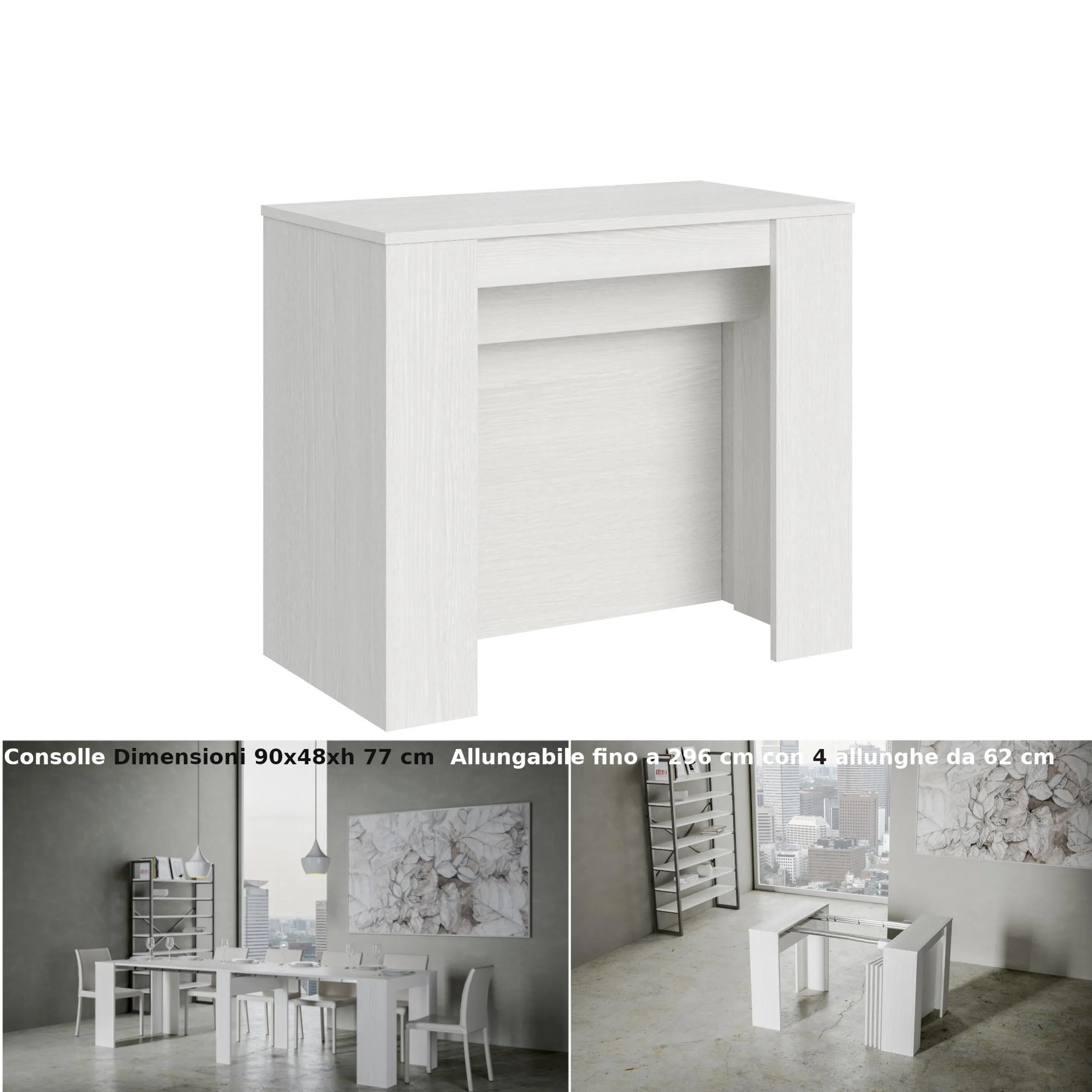 Consolle Allungabile con 4 allunghe Venus 90x48xh77 cm estensibile fino a 296 cm Allunghe all'interno tutto in legno di Frassino colore bianco frassino