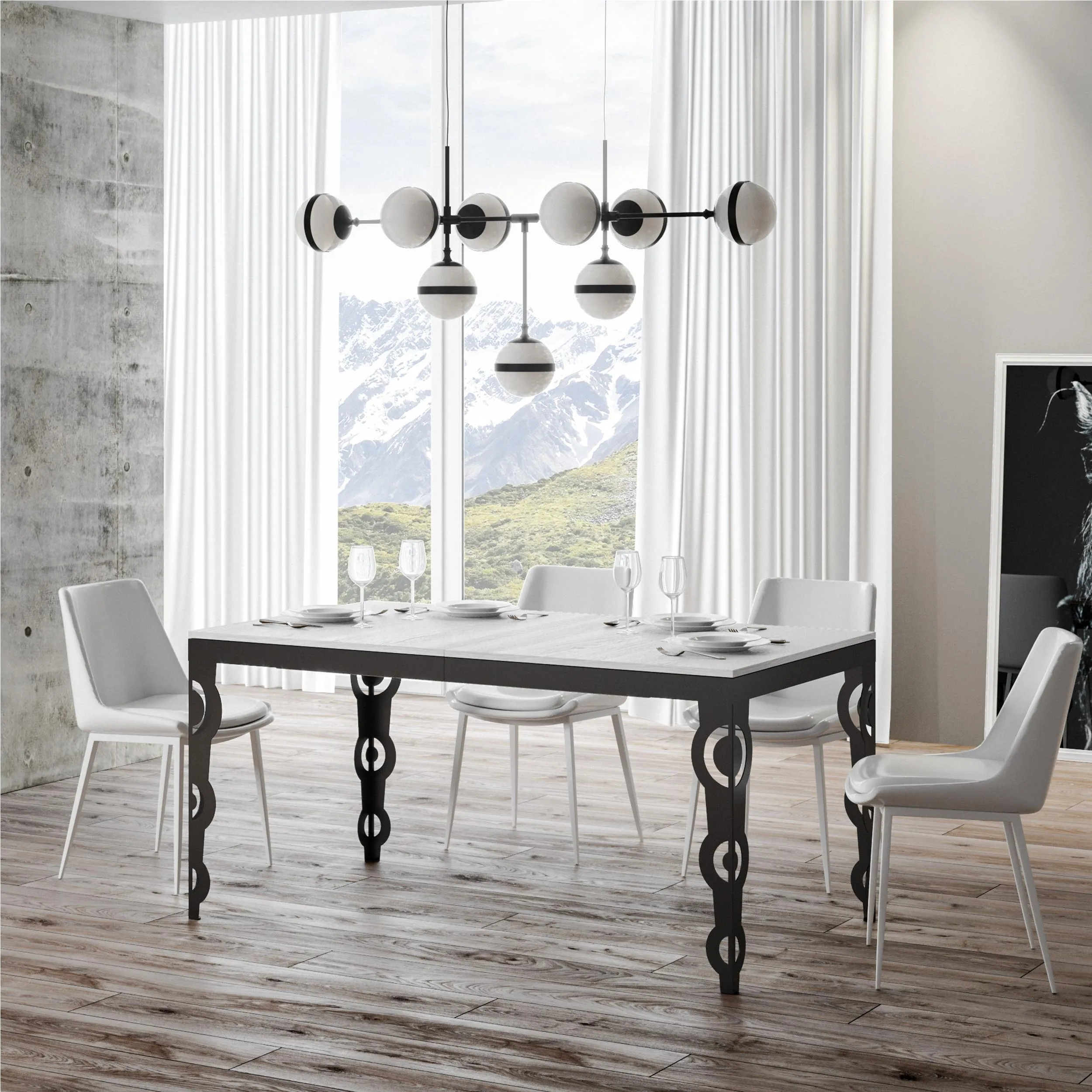 Tavolo Allungabile Quadrato Bianco natura Karamay Evolution 120x90xh77 cm estensibile fino a 224 cm tutto in legno di Frassino telaio antracite