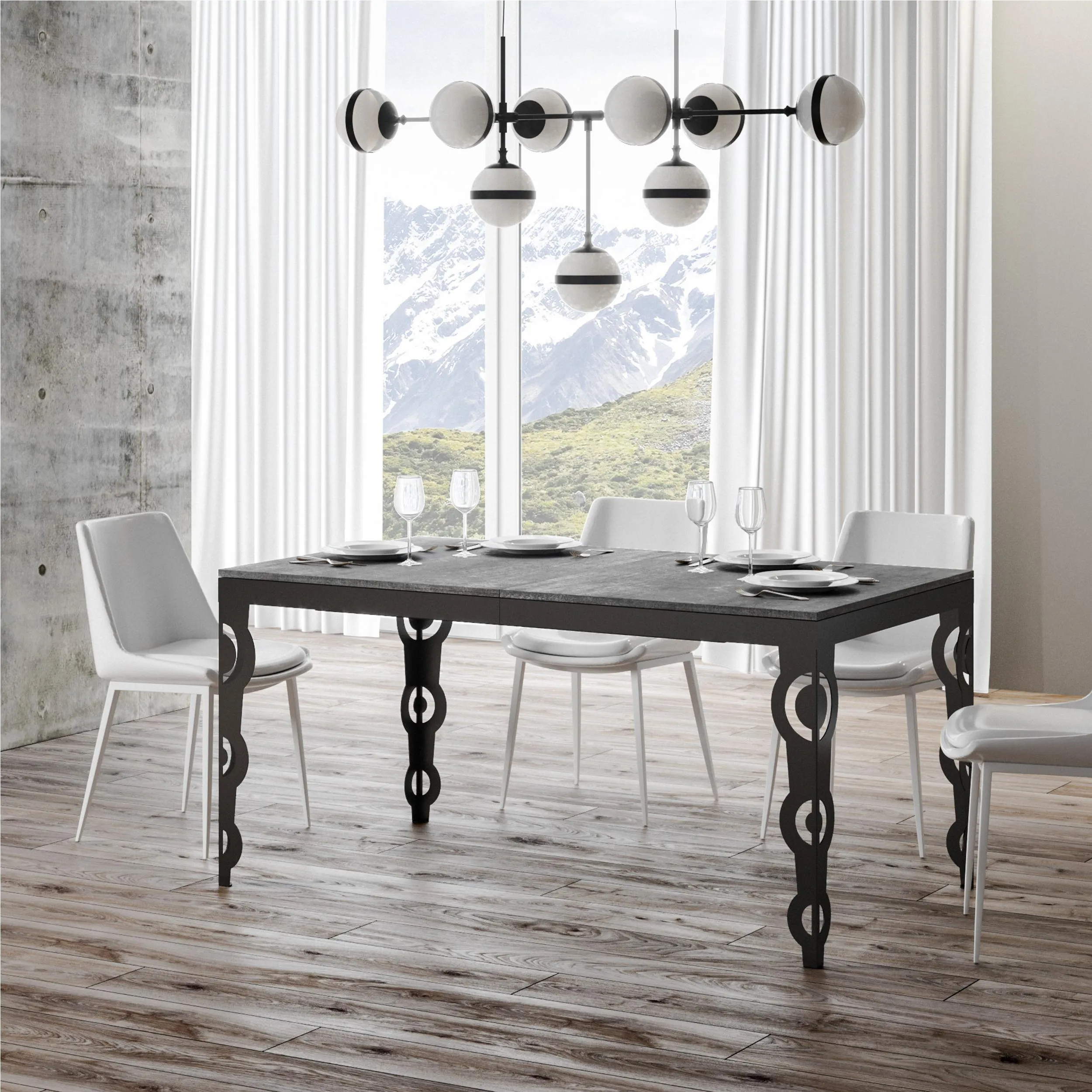 Tavolo Allungabile Quadrato CEMENTO natura Karamay Evolution 120x90xh77 cm estensibile fino a 224 cm tutto in legno di Frassino telaio antracite