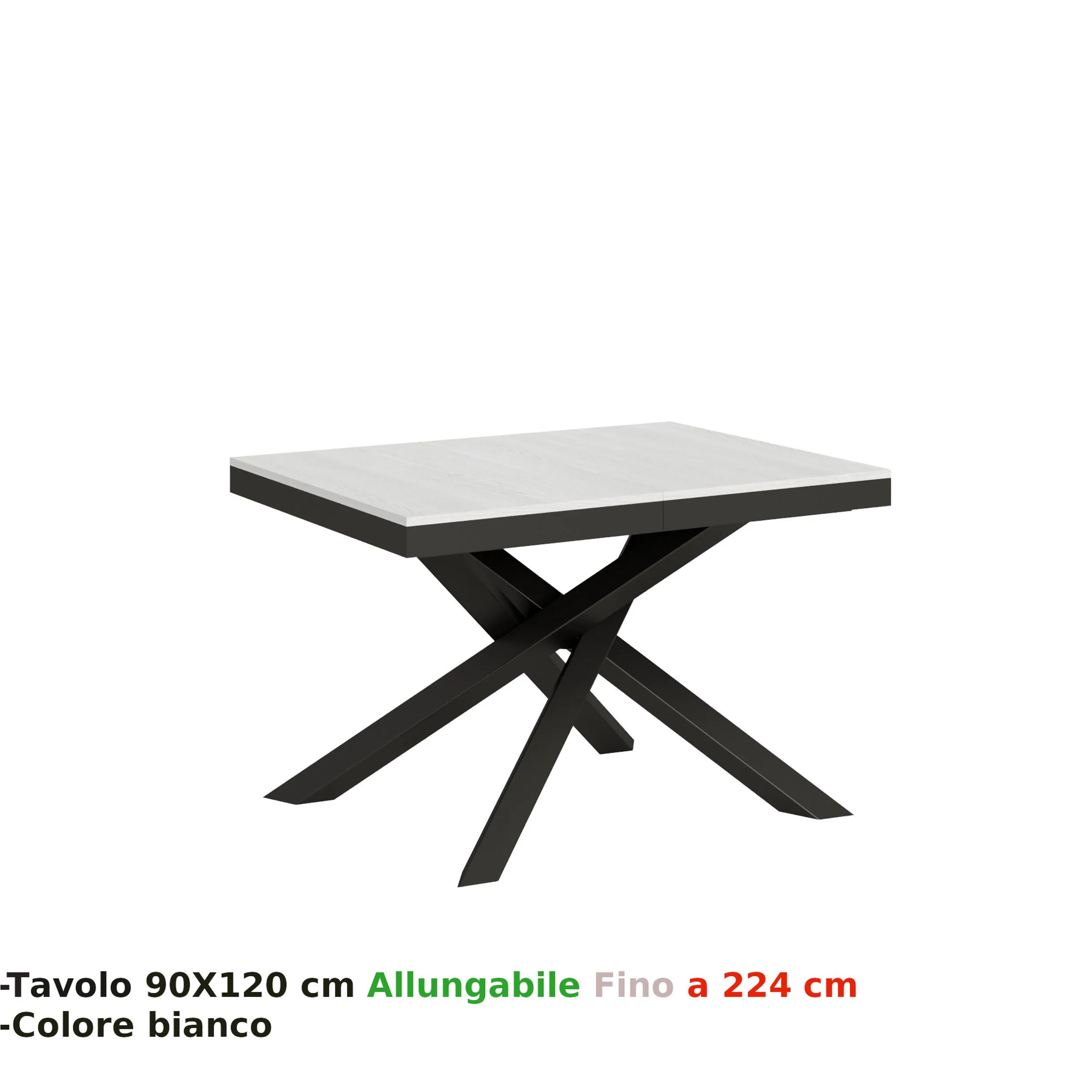 Consolle Allungabile con 3 allunghe VOLANTIS EVOLUTION 90x120xh77 cm estensibile fino a 224 cm Allunghe da 52 cm, gambe in ferro verniciato colore BIANCO FRASSINO