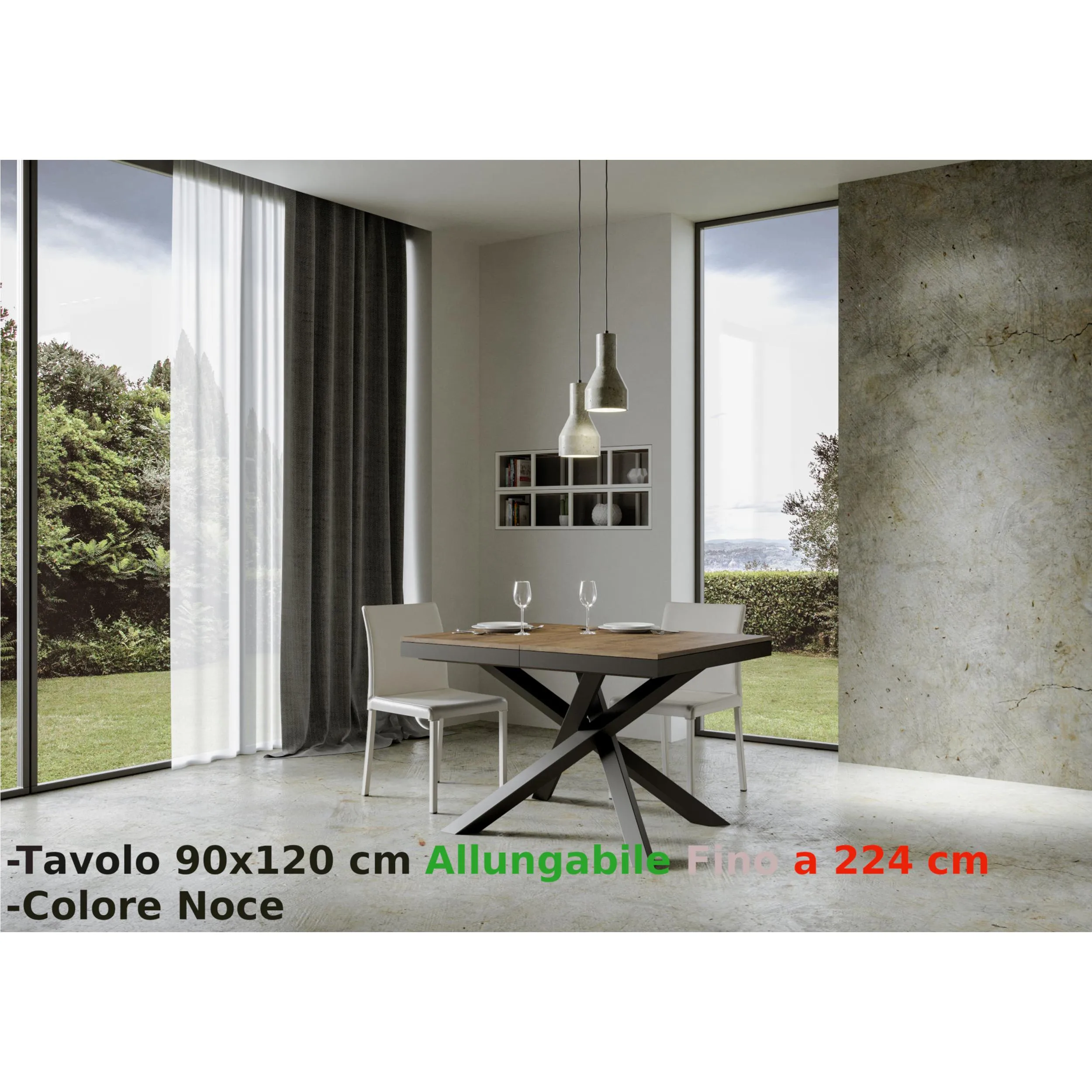 Consolle Allungabile con 3 allunghe VOLANTIS EVOLUTION 90x120xh77 cm estensibile fino a 224 cm Allunghe da 52 cm, gambe in ferro verniciato colore Noce