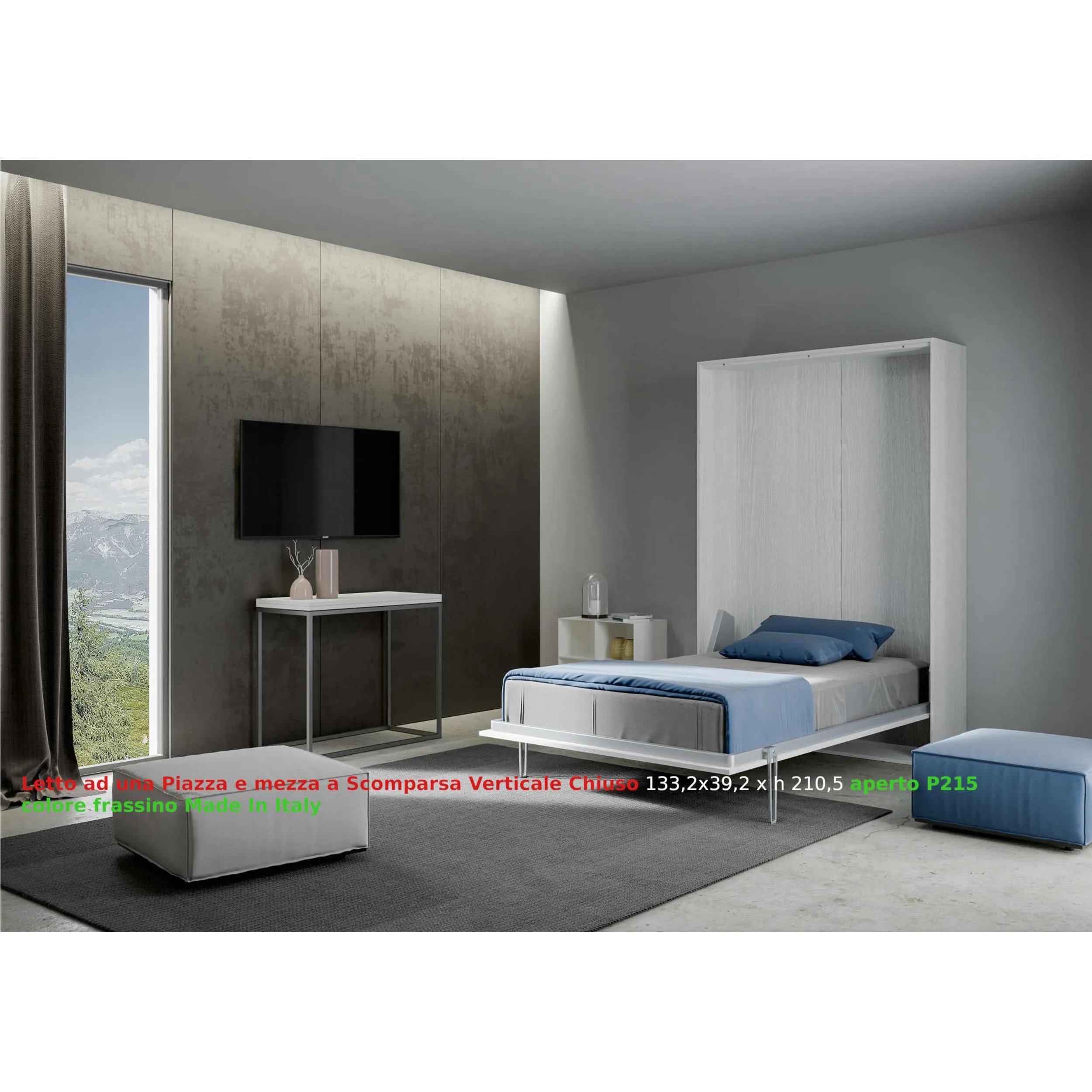 Letto a scomparsa Kentaro Una Piazza E Mezza Chiuso Occupa solo 39 cm di profondità, Dimensioni chiuso 133.2x39,2xh210 cm struttura in legno colore Bianco Frassino