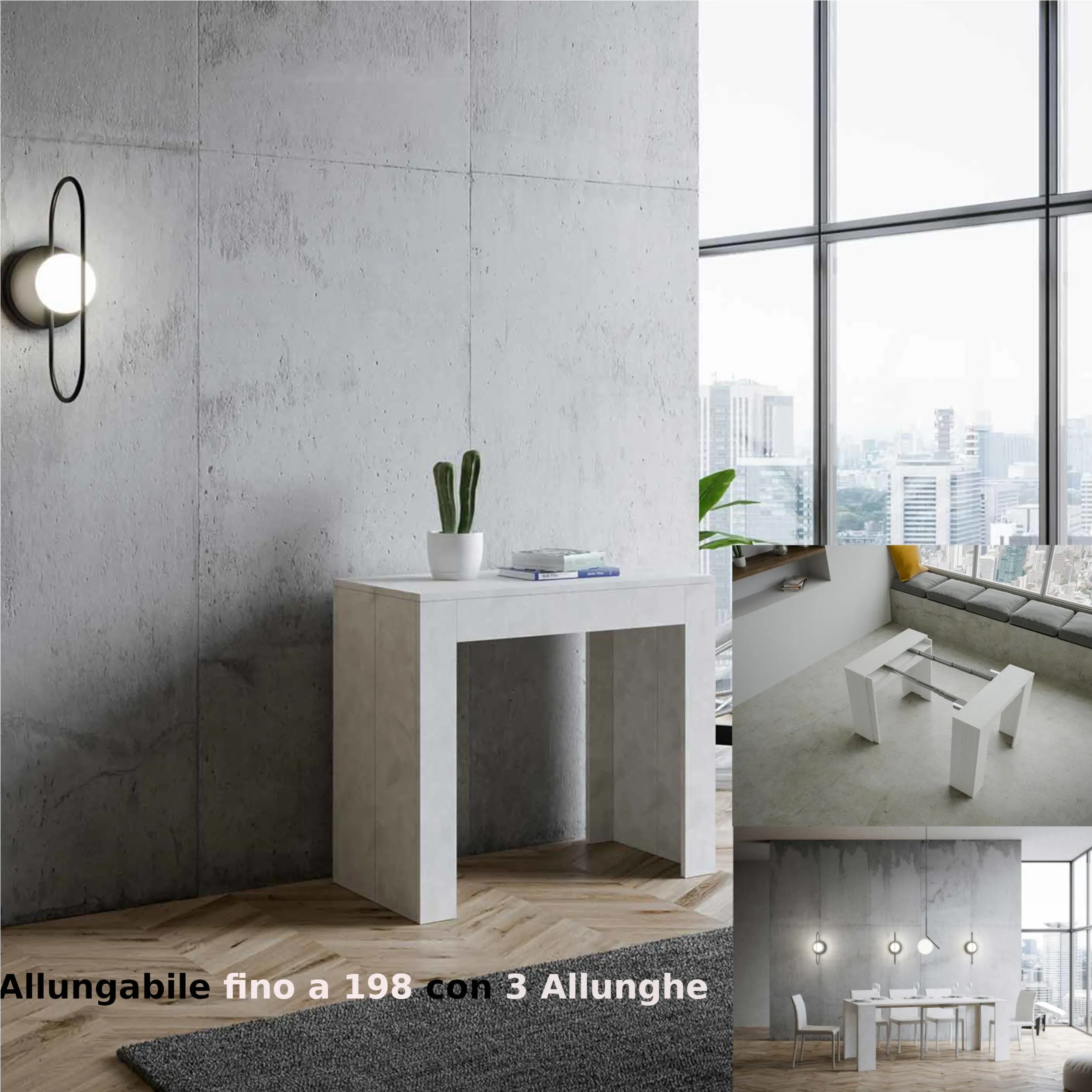 Tavolo Consolle Allungabile Small Bianco EMY fino a 198 cm con tre elementi da 52 cm, tutto in legno di Frassino 90x42xh76,8 cm colore bianco