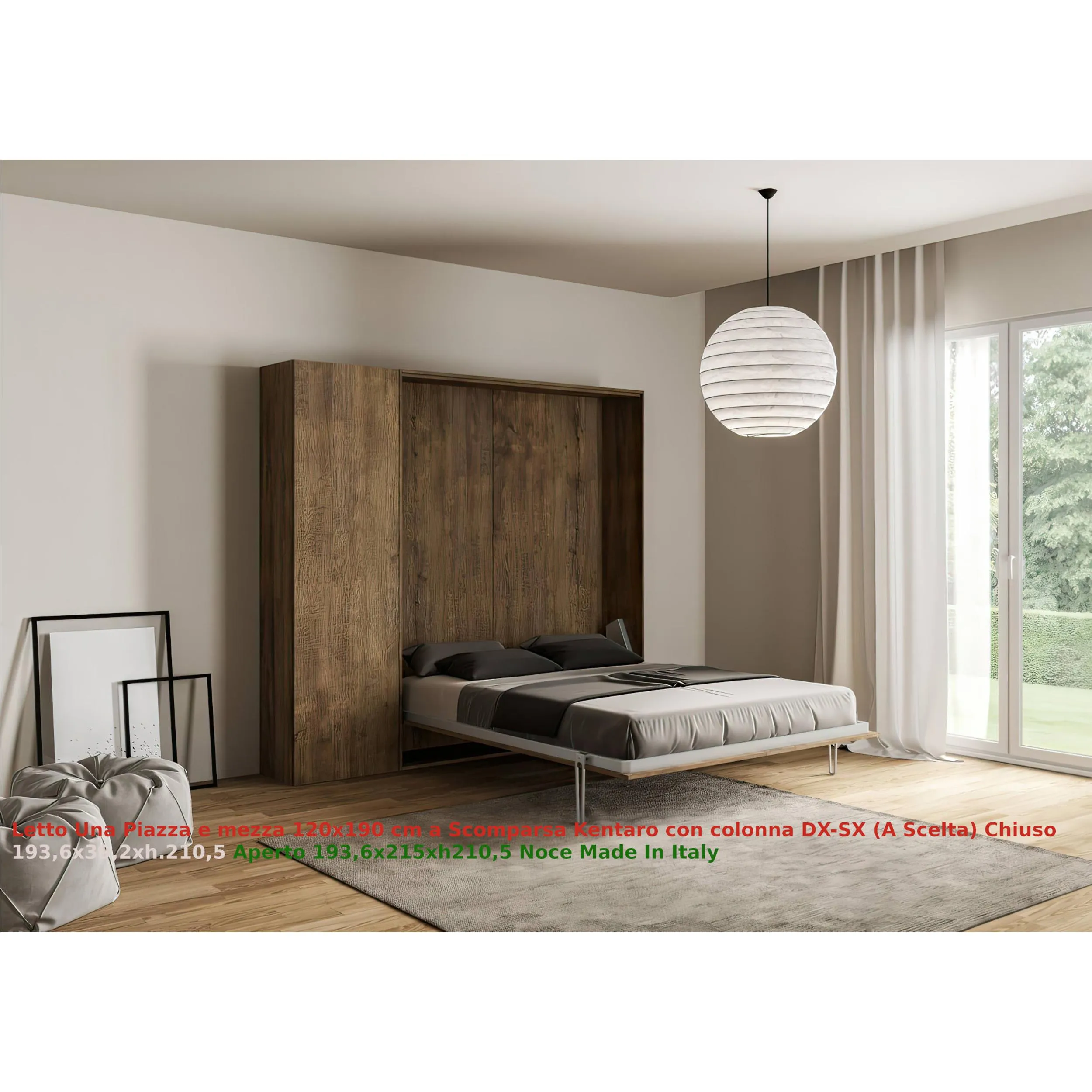 Letto a scomparsa Kentaro Una Piazza e Mezza con Colonna DX-SX Chiuso Occupa solo 39 cm di profondità, Dimensioni chiuso 193,6x39,2xh210,5 cm struttura in legno colore Noce