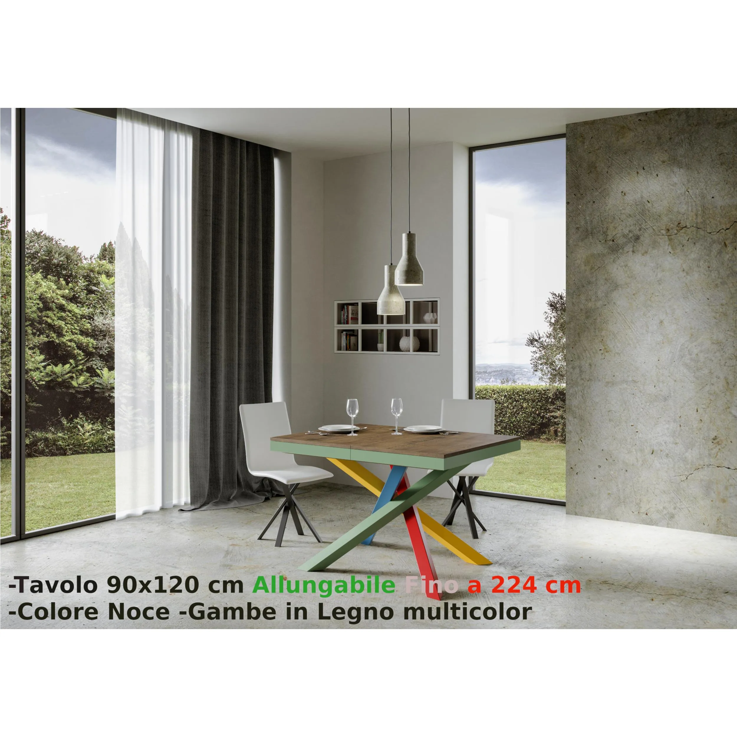 Consolle Allungabile con 3 allunghe VOLANTIS MULTICOLOR 90x120xh77 cm estensibile fino a 224 cm Allunghe da 52 cm, gambe in Legno verniciato Multicolor piano colore NOCE