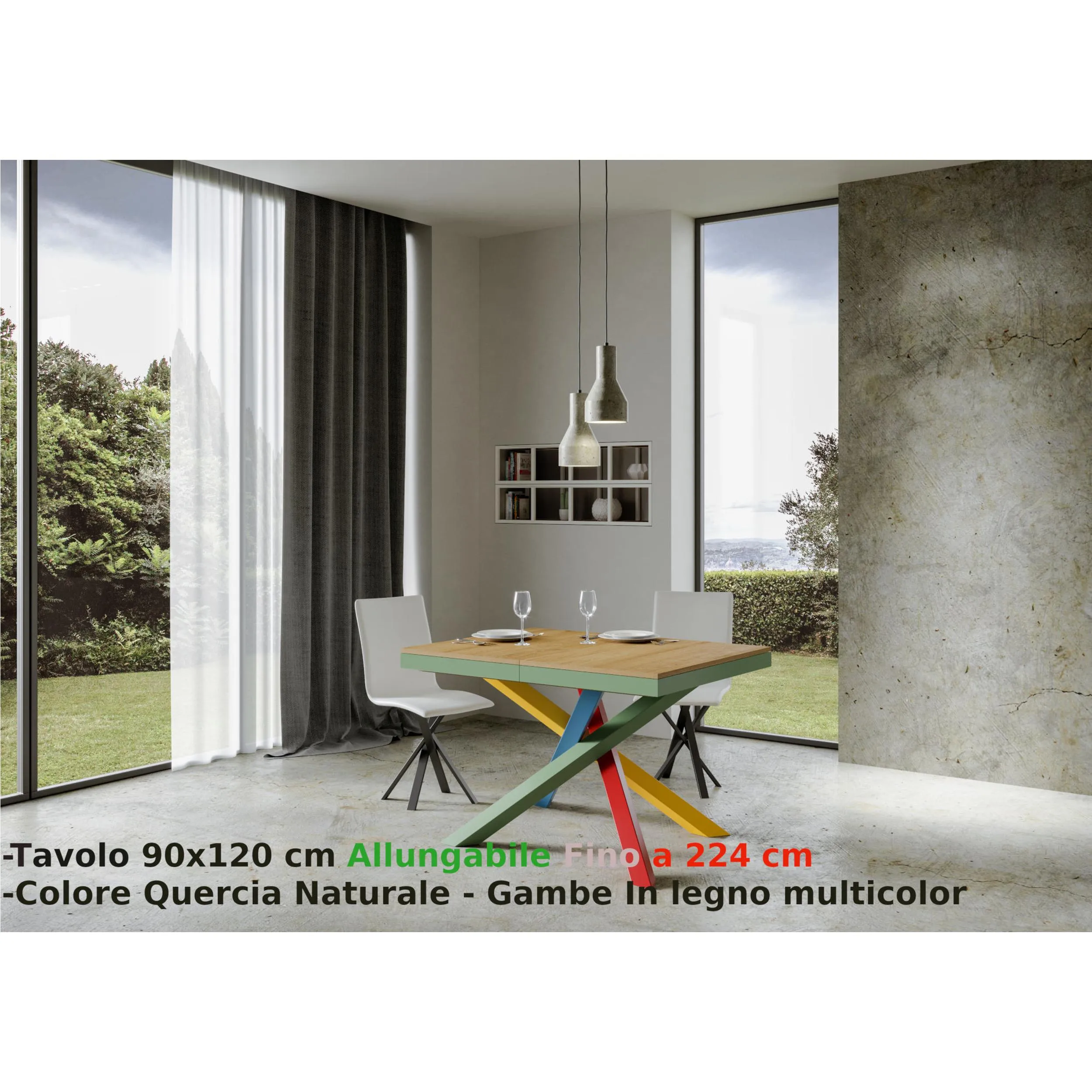 Consolle Allungabile con 3 allunghe VOLANTIS MULTICOLOR 90x120xh77 cm estensibile fino a 224 cm Allunghe da 52 cm, gambe in Legno verniciato Multicolor piano colore QUERCIA NATURALE