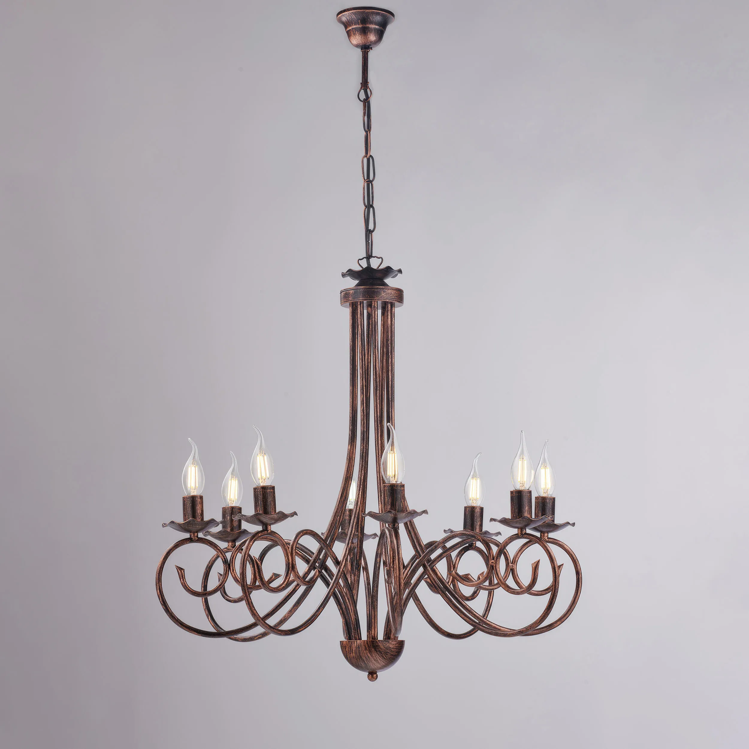 Lampadario Alma in ferro laccato nero con decorazione rame 8 luci , altezza 68 Cm, Cavo allungabile fino a 128 Cm, larghezza 67 Cm