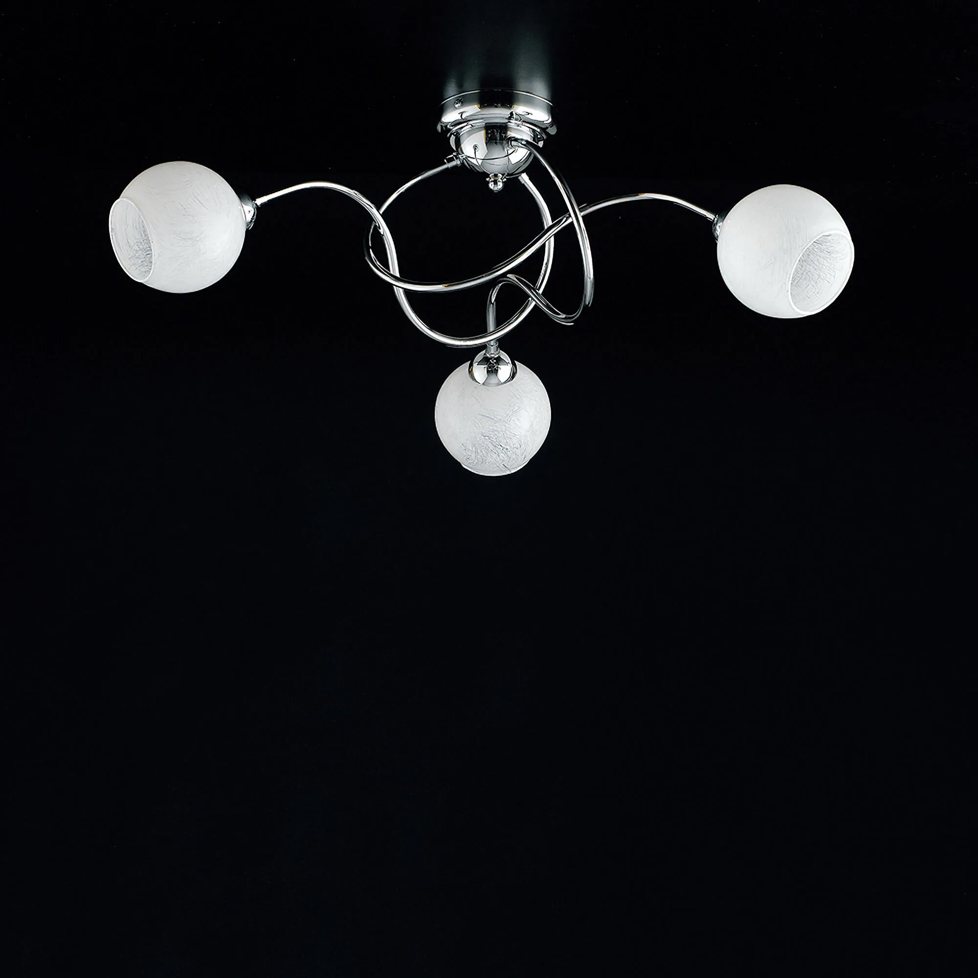 Plafoniera Cleo in ferro cromato lucido con vetri bianchi 3 luci, altezza 24 Cm, larghezza 60 Cm