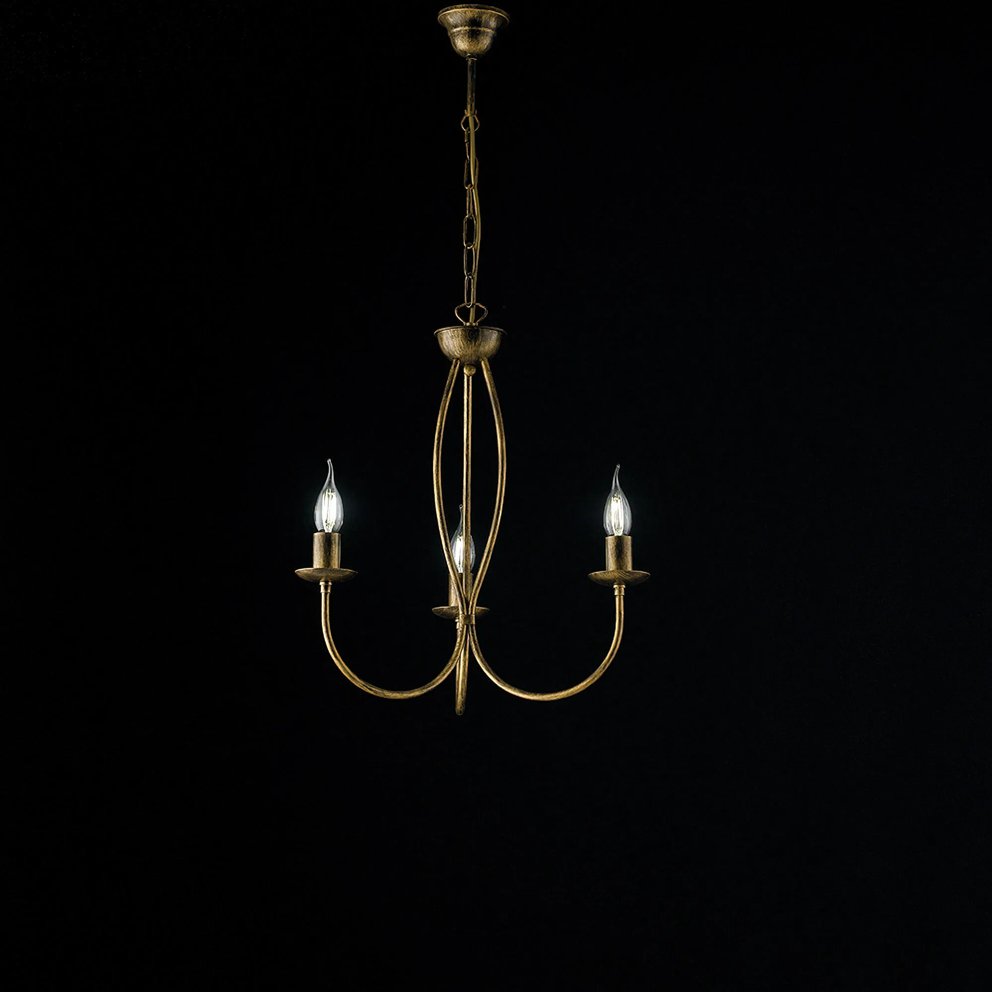 Lampadario Botte in ferro laccato marrone con decorazione oro 3 luci , altezza 50 Cm, Cavo allungabile fino a 110 Cm, larghezza 45 Cm