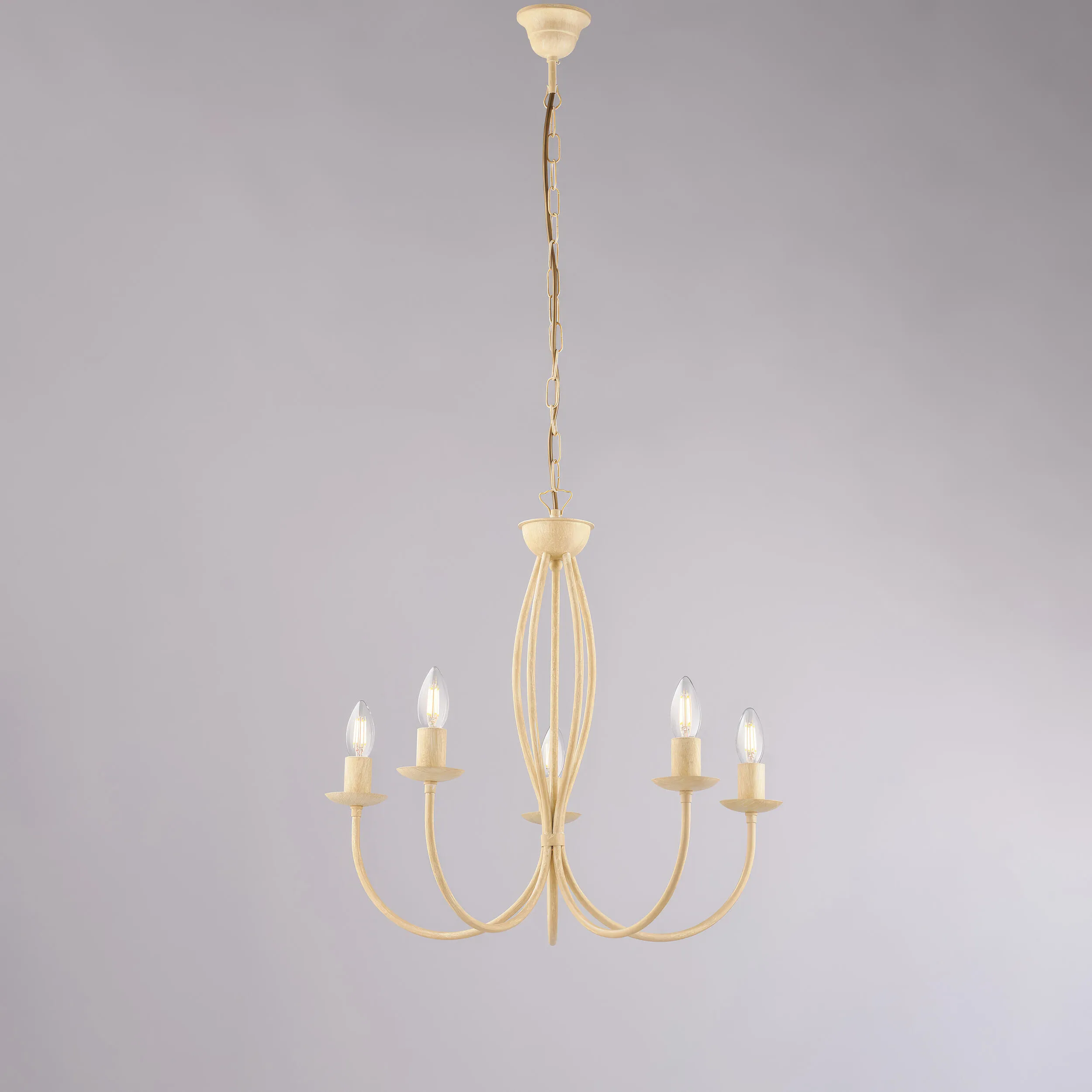 Lampadario Botte in ferro laccato avorio con decorazione decapè 5 luci , altezza 53 Cm, Cavo allungabile fino a 113 Cm, larghezza 55 Cm