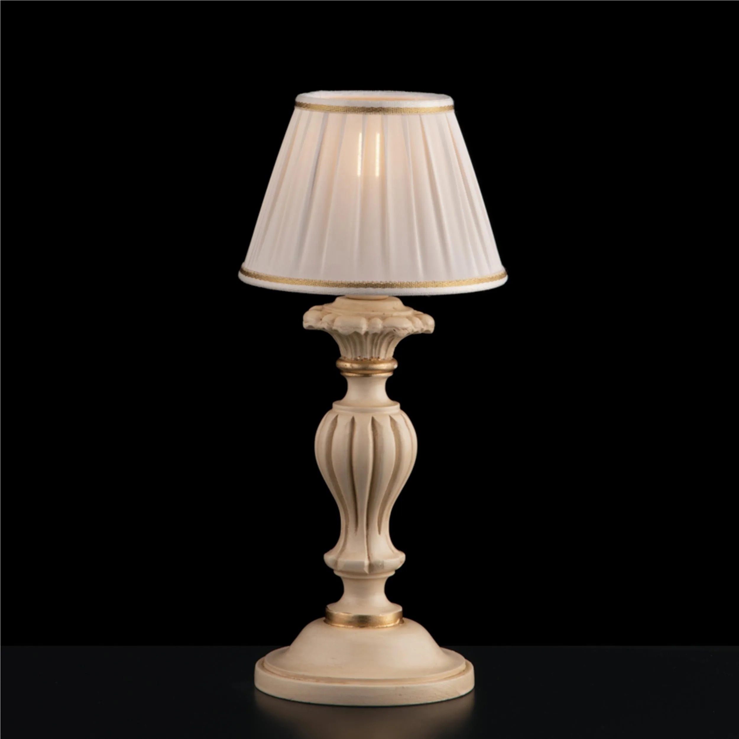 Lumetto, Abat Jour Lumetto in legno e pasta di legno avorio e foglia oro LEONARDO 1 LUCE Diametro 16xh36 cm paralume in plisse bianco 30 CM