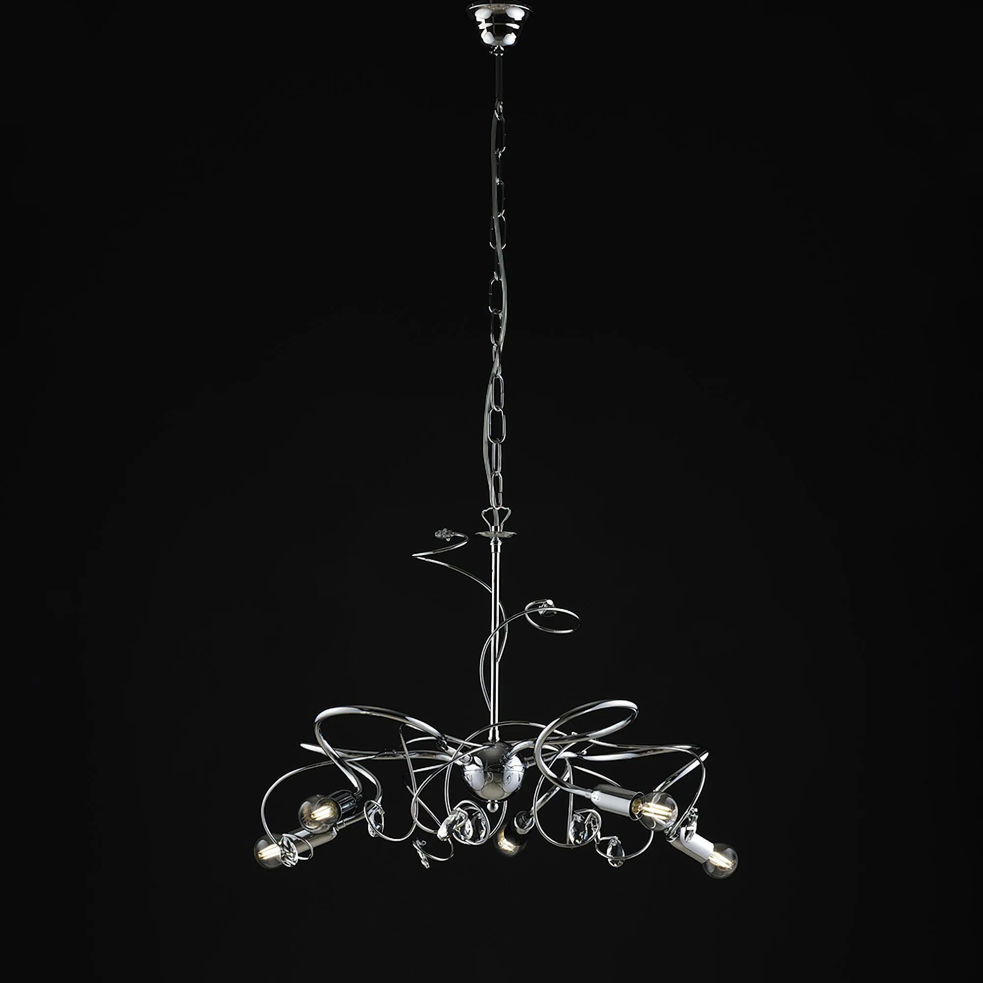 Lampadario Twister in ferro cromato lucido con strass in cristallo 5 luci, altezza 44 Cm, Cavo allungabile fino a 108 Cm, larghezza 54 Cm