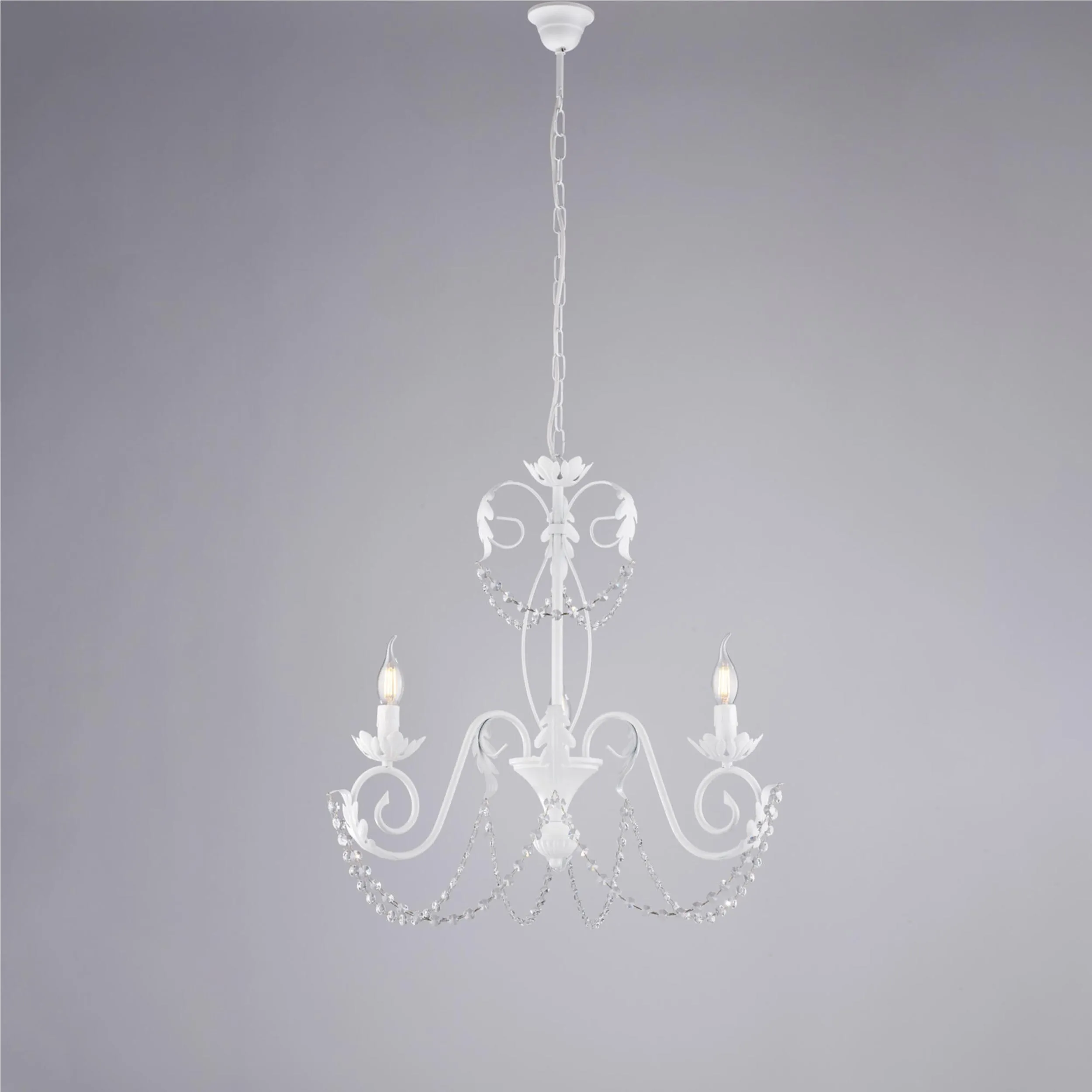 Lampadario Damasco in ferro laccato bianco con decorazione shabby e strass in cristallo 3 luci , altezza 60 Cm, Cavo allungabile fino a 120 Cm, larghezza 47 Cm