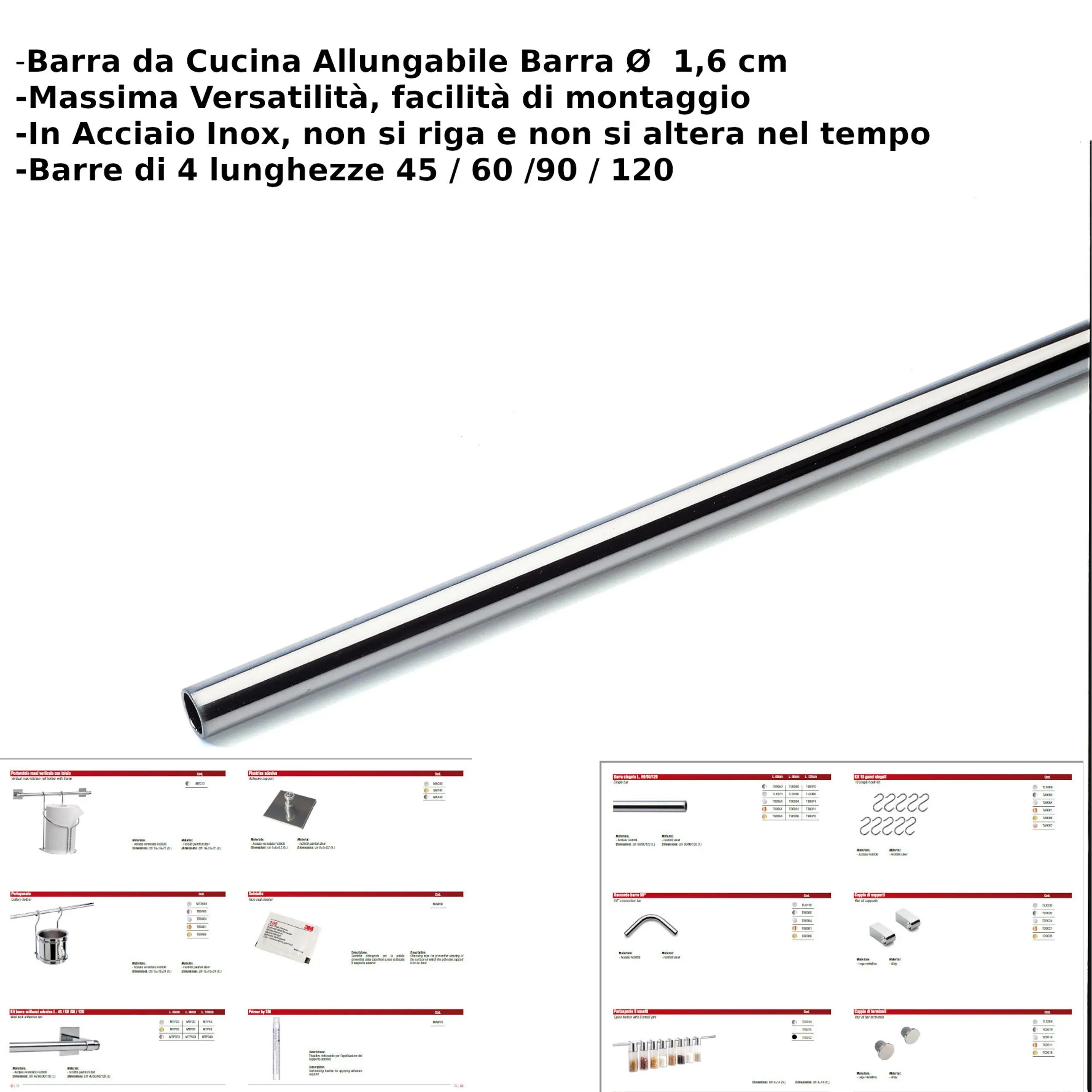 Barra da cucina portautensili lunghezza 60 cm diametro 1.60 cm portautensili rotonda in acciaio lucido