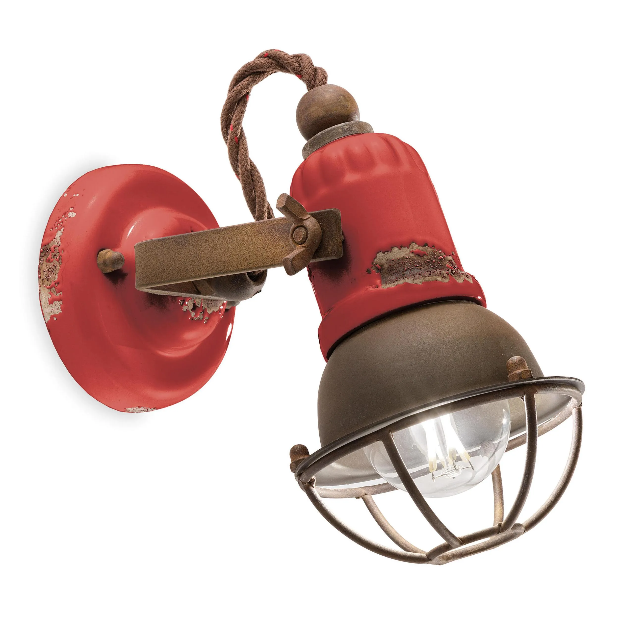 Applique una Luce con Gabbia in materiale Ceramico LINEA URBAN H 18cm Sp 19cm ? 9cm peso 0,55 kg - Attacco Lampada E14 interno esterno, Rosso Vintage