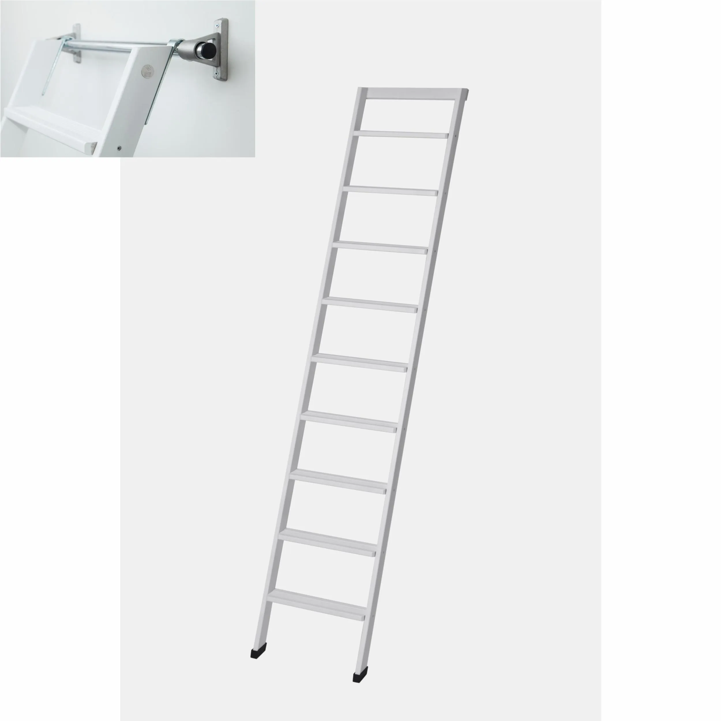 Scala da Appoggio UP 9 gradini Lunghezza 2,25 Mt in Faggio Massello Dimensioni 45x9x h225 cm Peso 7 Kg con kit di appoggio colore Bianco laccato