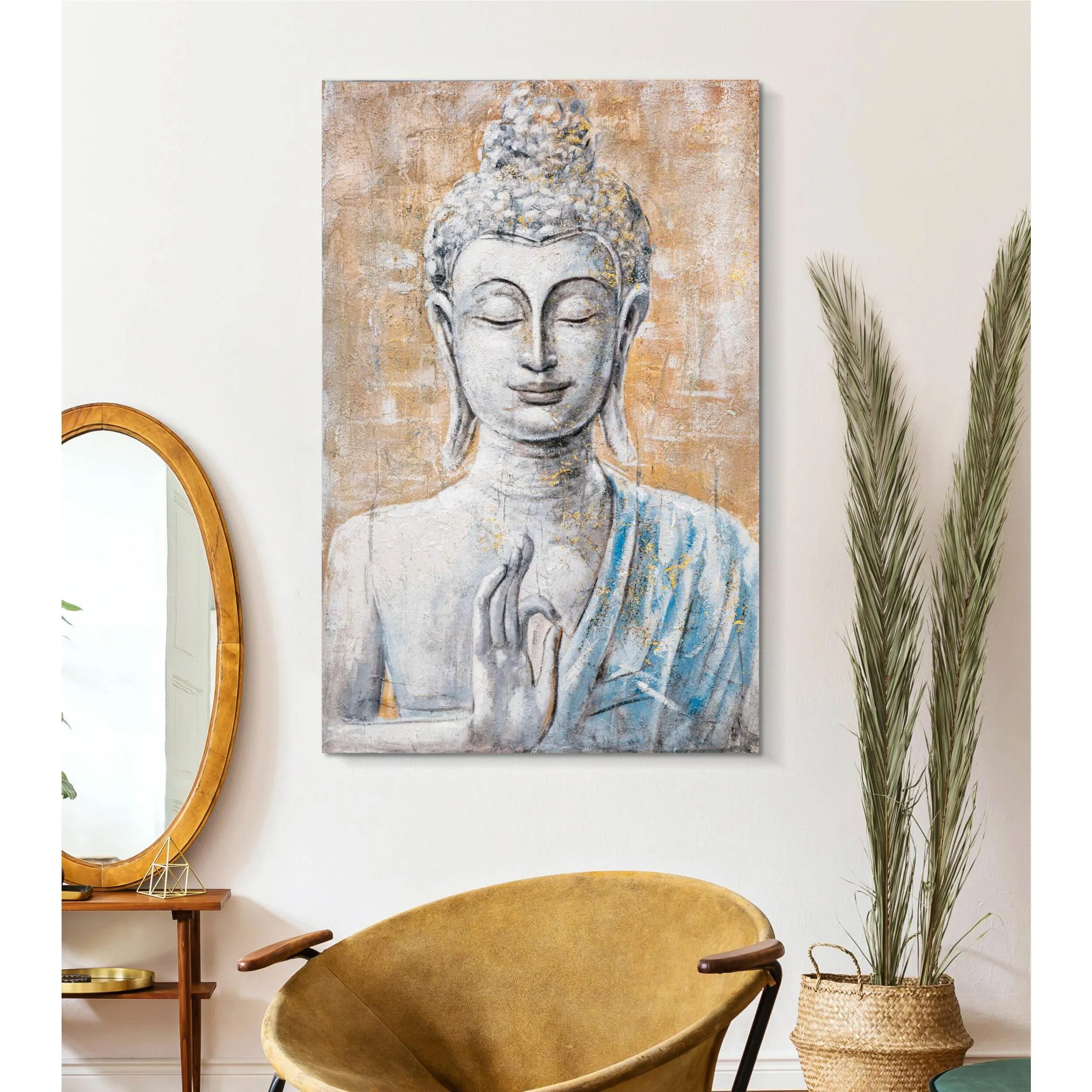 Dipinto su tela, quadro con telaio in legno il volto di Buddha 80x3x h 120 cm decoro raffigurante il volto di BUDDHA multicolore