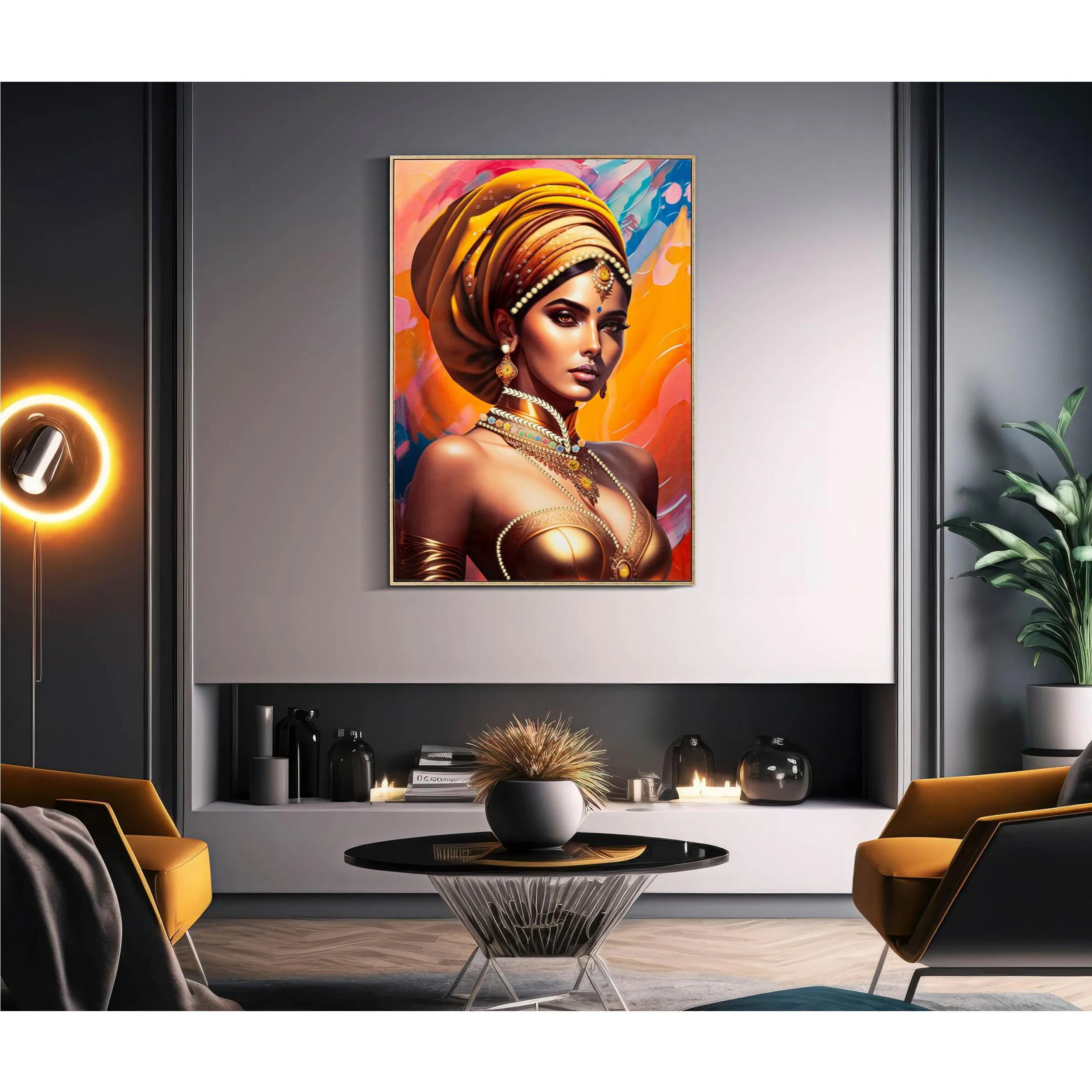 Dipinto su tela, quadro con CORNICE in legno SAMIRA -A Dimensioni 72x4,5x h 102 cm decoro raffigurante donna in abiti tradizionali e con turbante