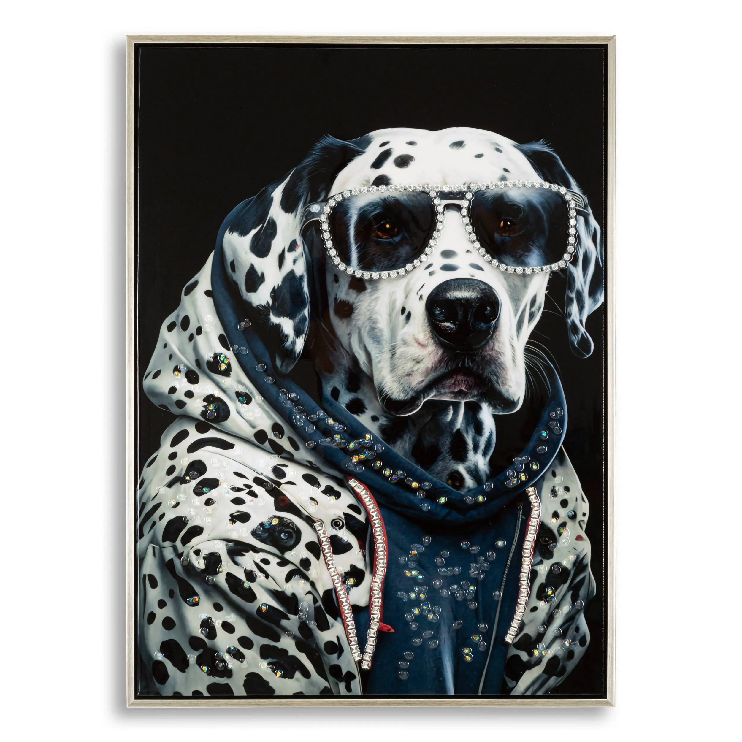 Dipinto su tela completo di telaio in legno e cornice in metallo argento BULLY Dimensione 53x2,8x h 873 cm decoro raffigurante Cane dalmata con felpa e occhiali da sole