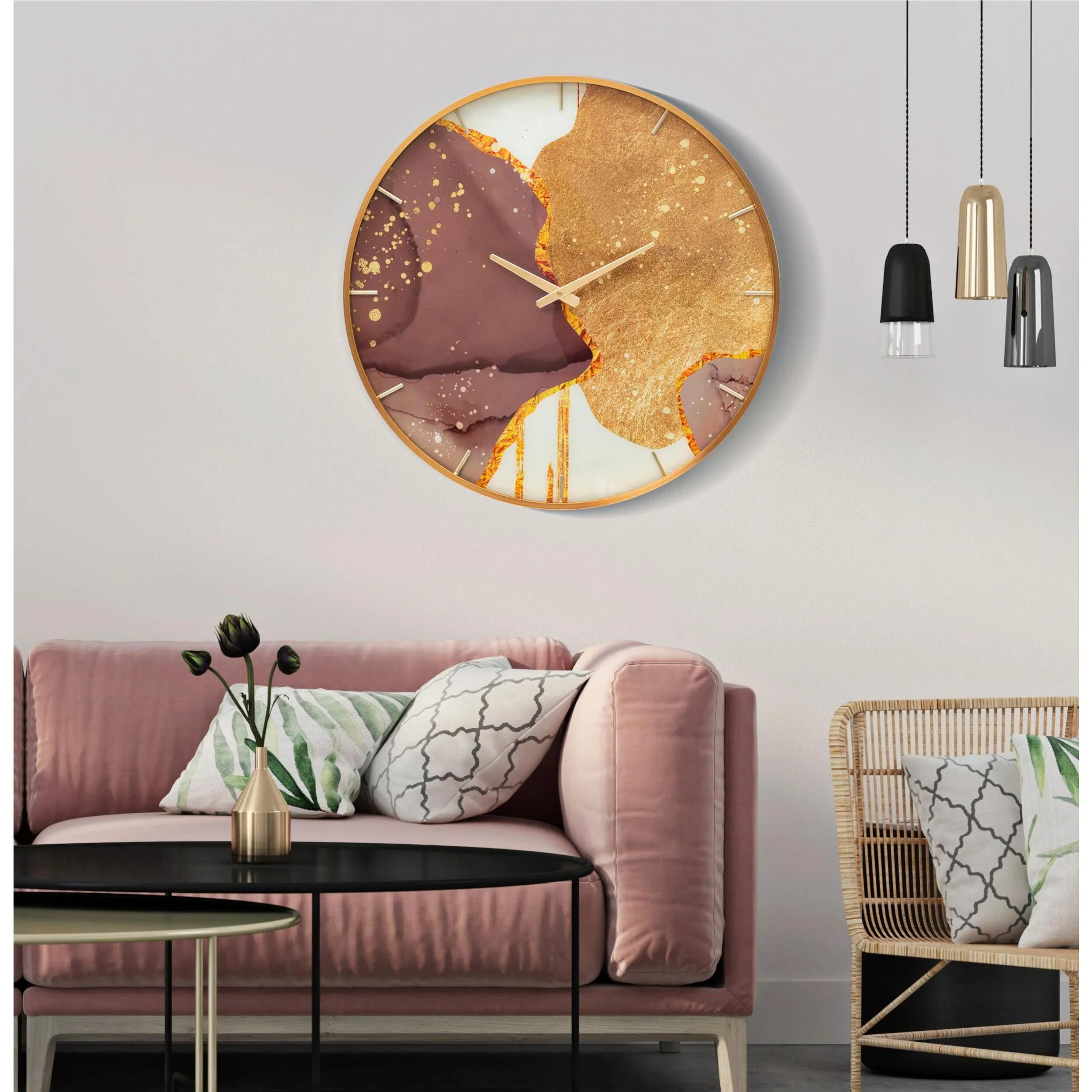 Orologio rotondo da parete con elegante cornice dorata Dimensioni Ø 60x 5 cm linee tonalità vivaci e accese