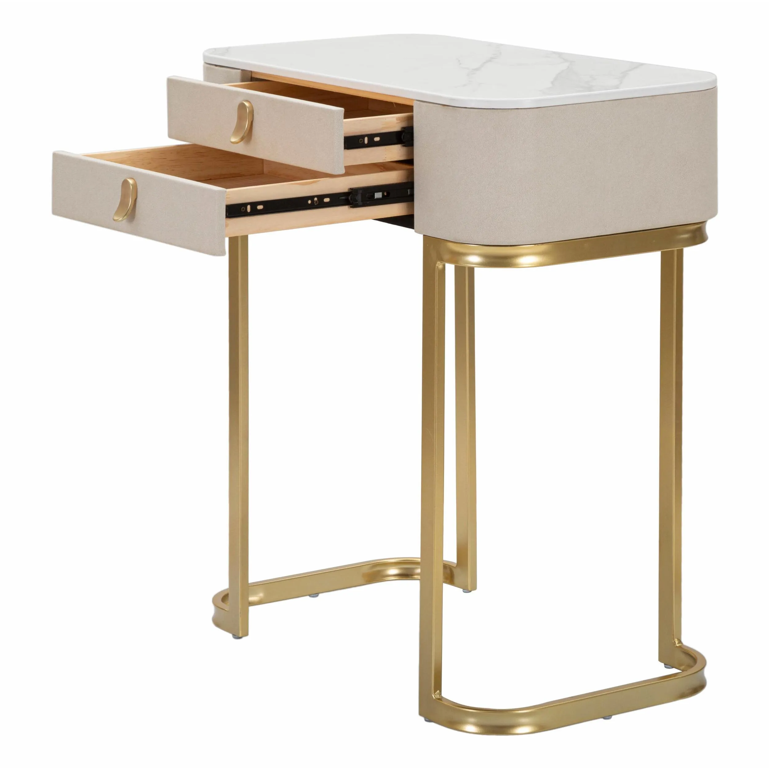 Console in tessuto bianco con piano in simil marmo completa di 2 cassetti, SHINE , Dimensioni 70x40xh 80 cm - Peso 13 kg La struttura in metallo dorato e tessuto imbottito