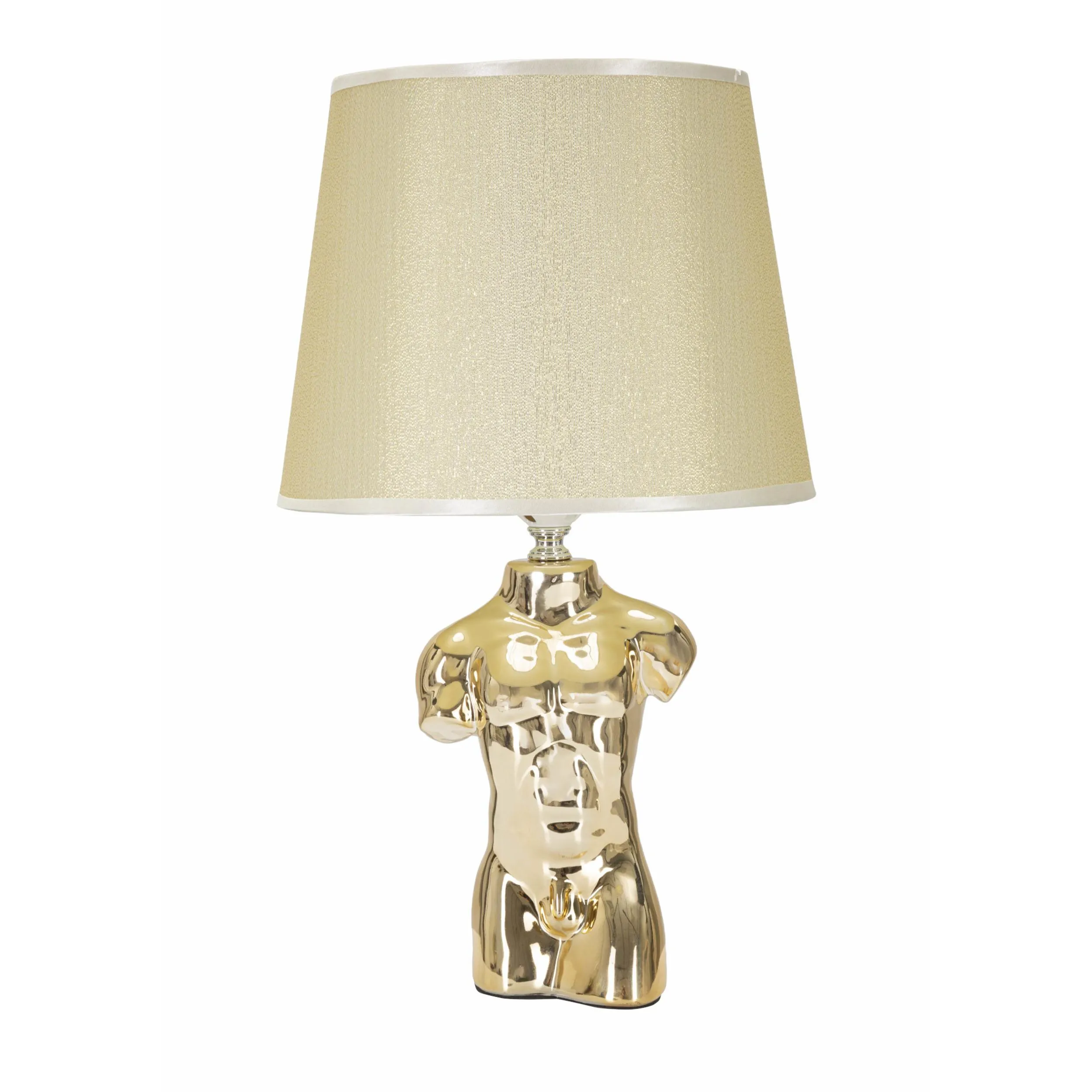 Lampada da comodino in ceramica dorata forma di busto di uomo Dimensioni Ø 30x h 47,5 cm in ceramica bianca paralume in tessuto beige