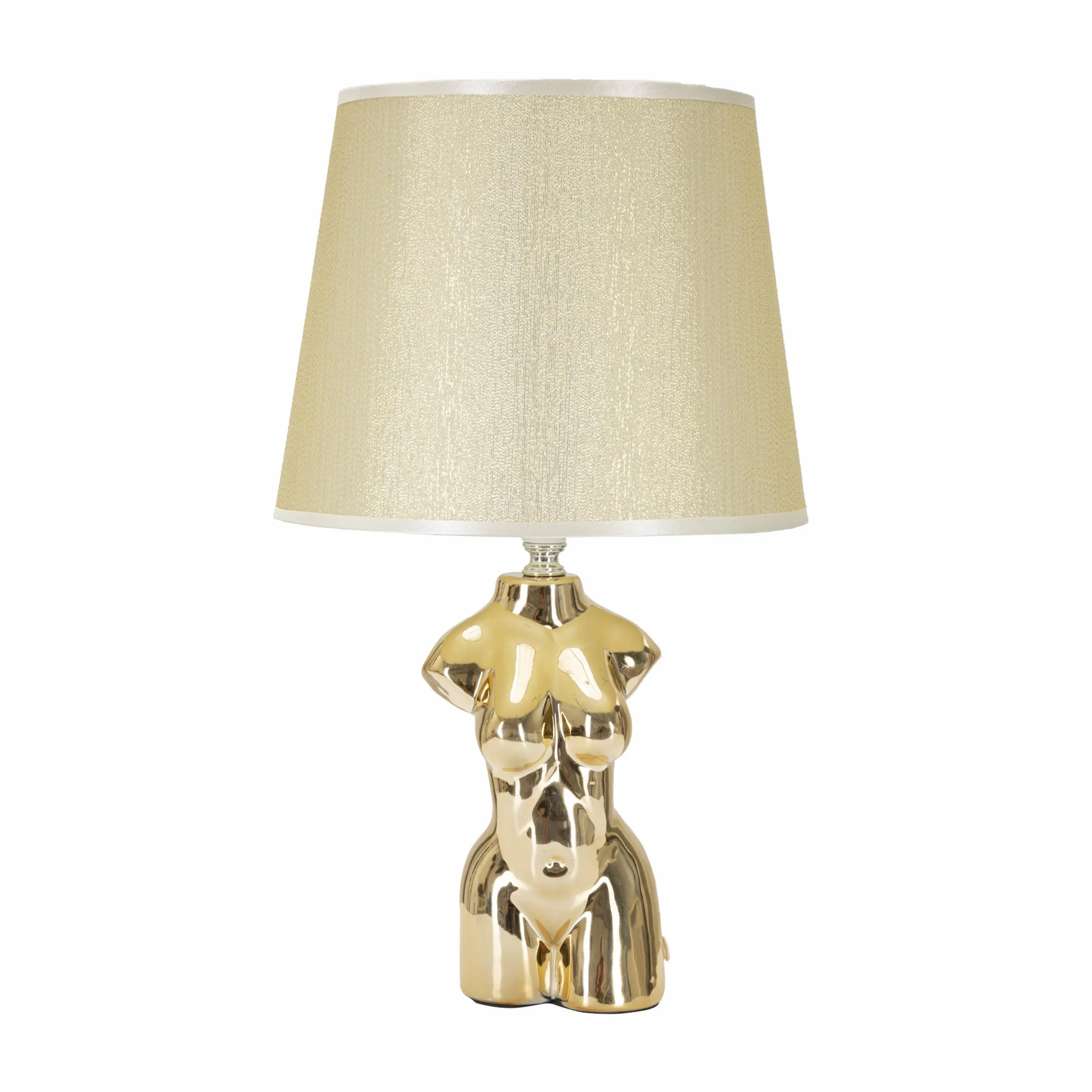 Lampada da comodino in ceramica dorata forma di busto di donna Dimensioni Ø 25x h 39,5 cm in ceramica bianca paralume in tessuto beige