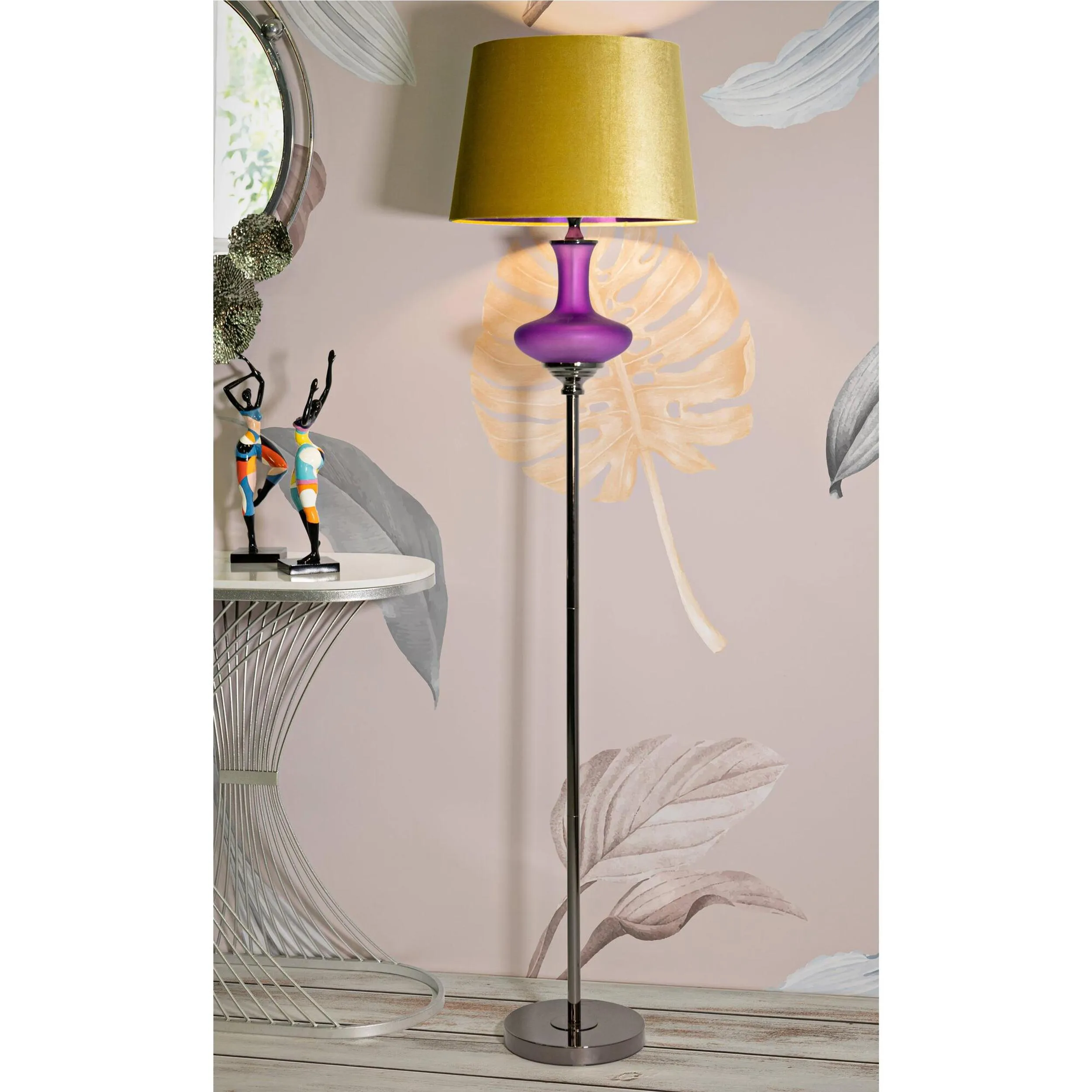 Lampada da terra con base viola in vetro diametro 40xh 167 cm paralume in velluto dorato