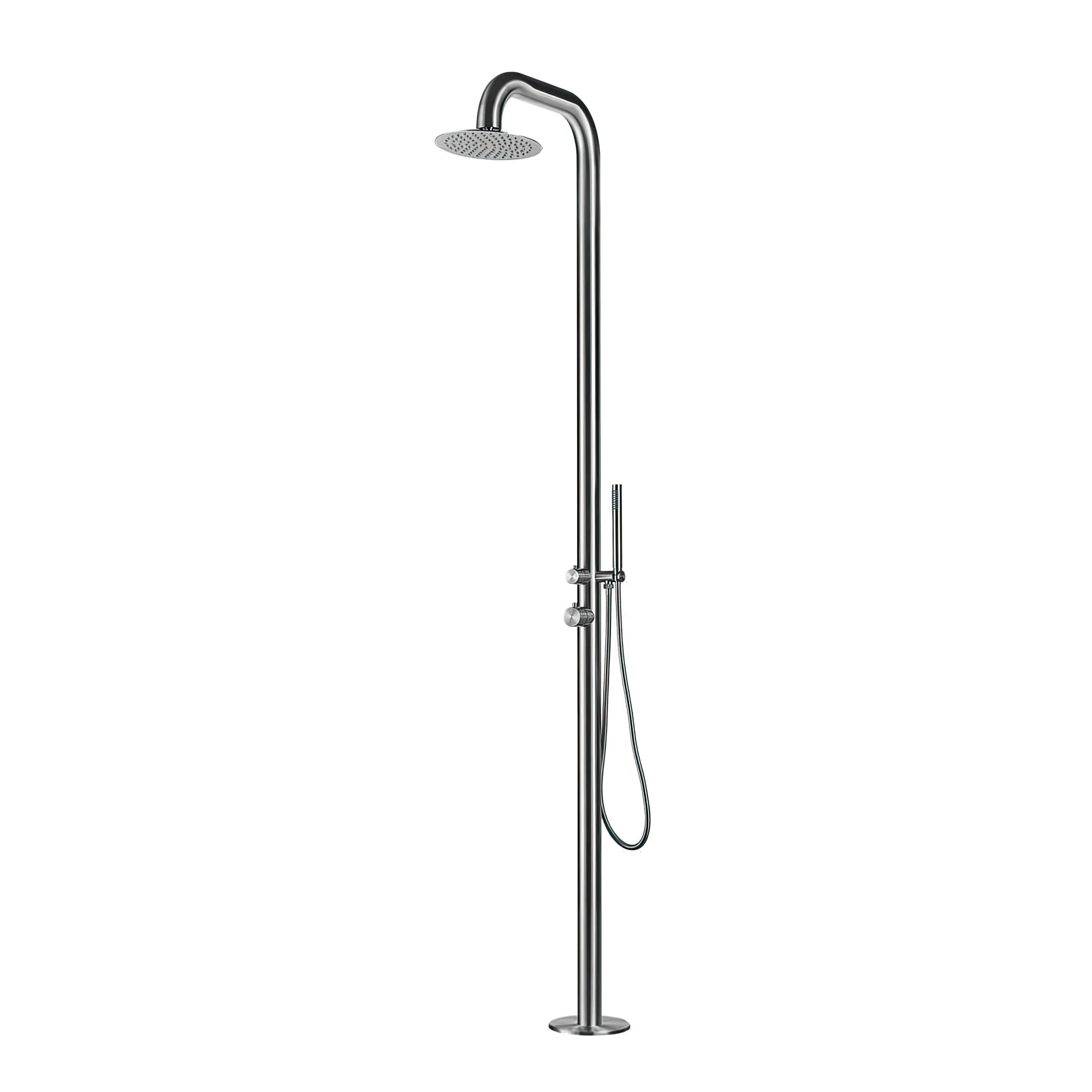 Doccia da Giardino esterno PULA in Acciaio Inox Marino Aisi 316l Doppio Attacco Dimensioni 26x37x h 230 cm con Miscelatore e Doccino mobile acqua calda e Fredda da esterno