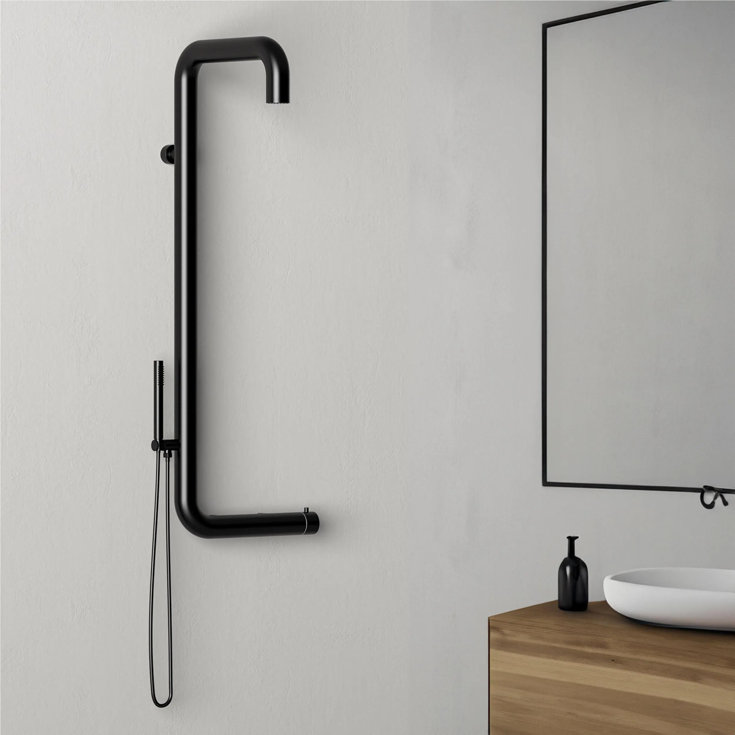 Doccia Esterna Per Parete, Per Esterno e Interno Realizzata In Acciaio Di Qualità Inox 316l Dimensioni 18x62x h 102 cm con Miscelatore e Doccetta da esterno In Acciaio Inox 316 l Nero