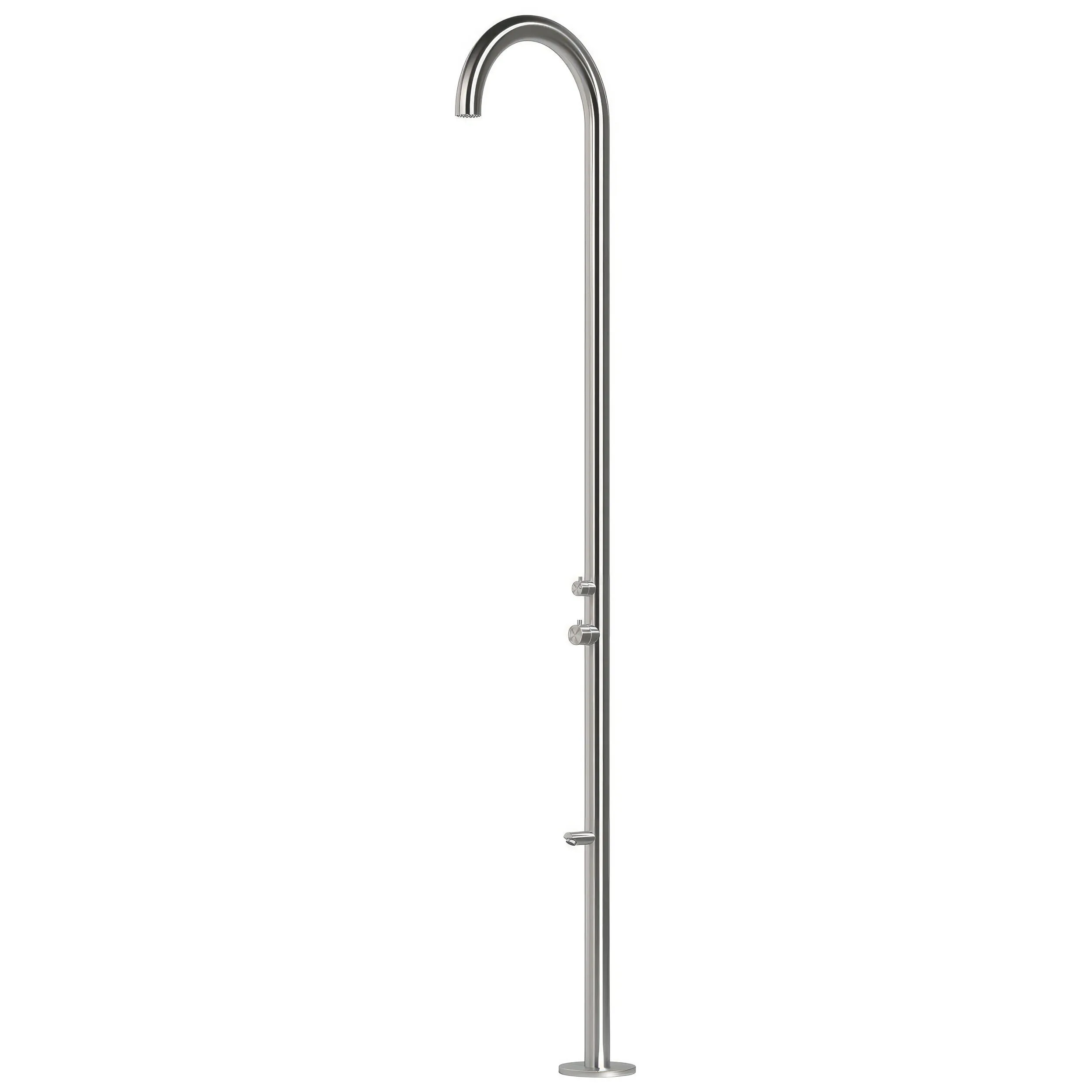 Doccia da Giardino esterno OLBIA-INOX Doppio Attacco Dimensioni 26x37x h 243,9 cm con Miscelatore e Doccino fisso acqua calda e Fredda e lavapiedi da esterno In Acciaio Inox 316 L