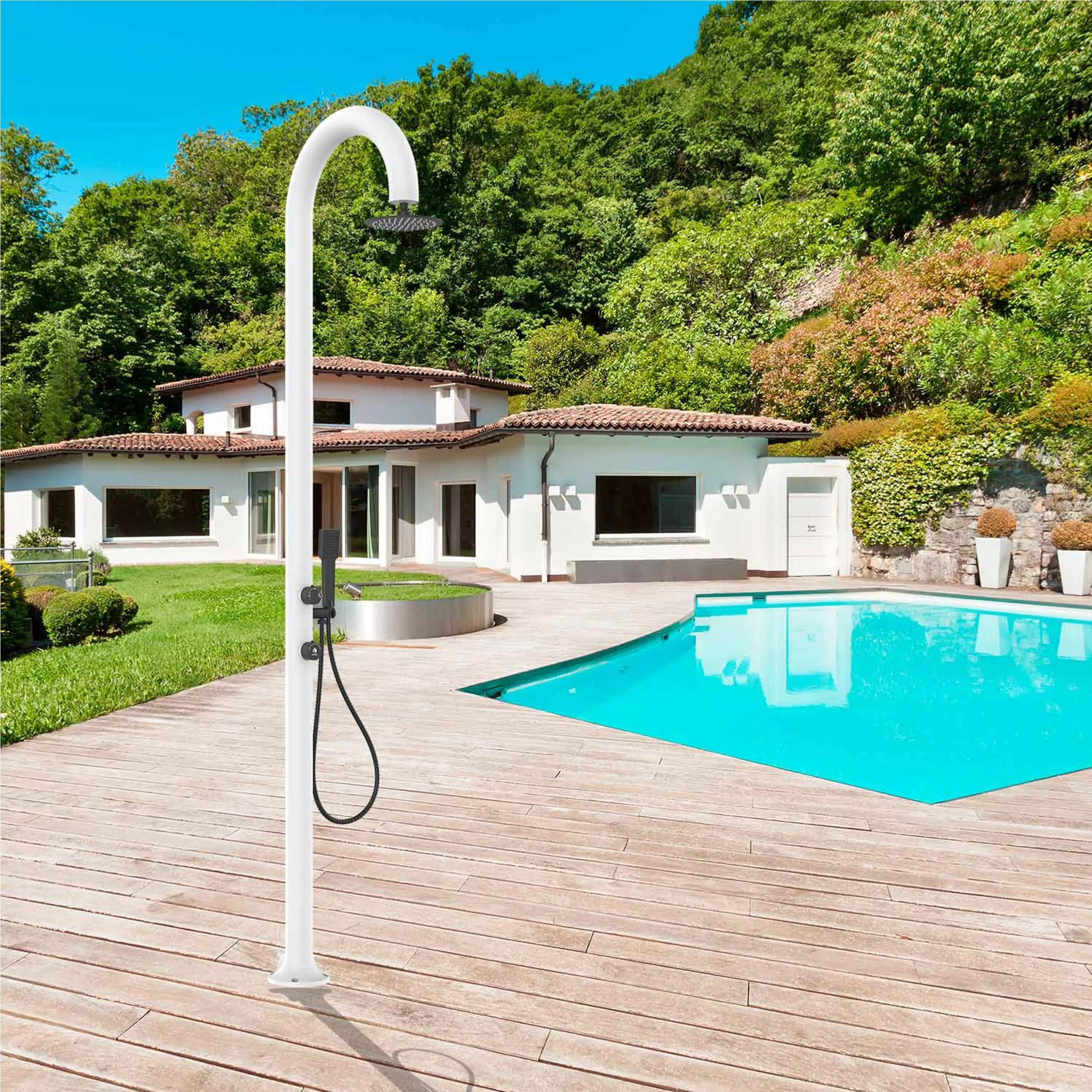 Doccia da Giardino esterno LUNA ALU D in Alluminio Doppio Attacco Dimensioni 26x37x h 223,9 cm con Miscelatore e Doccino mobile acqua calda e Fredda da esterno In Acciaio Inox 316 L WHITE