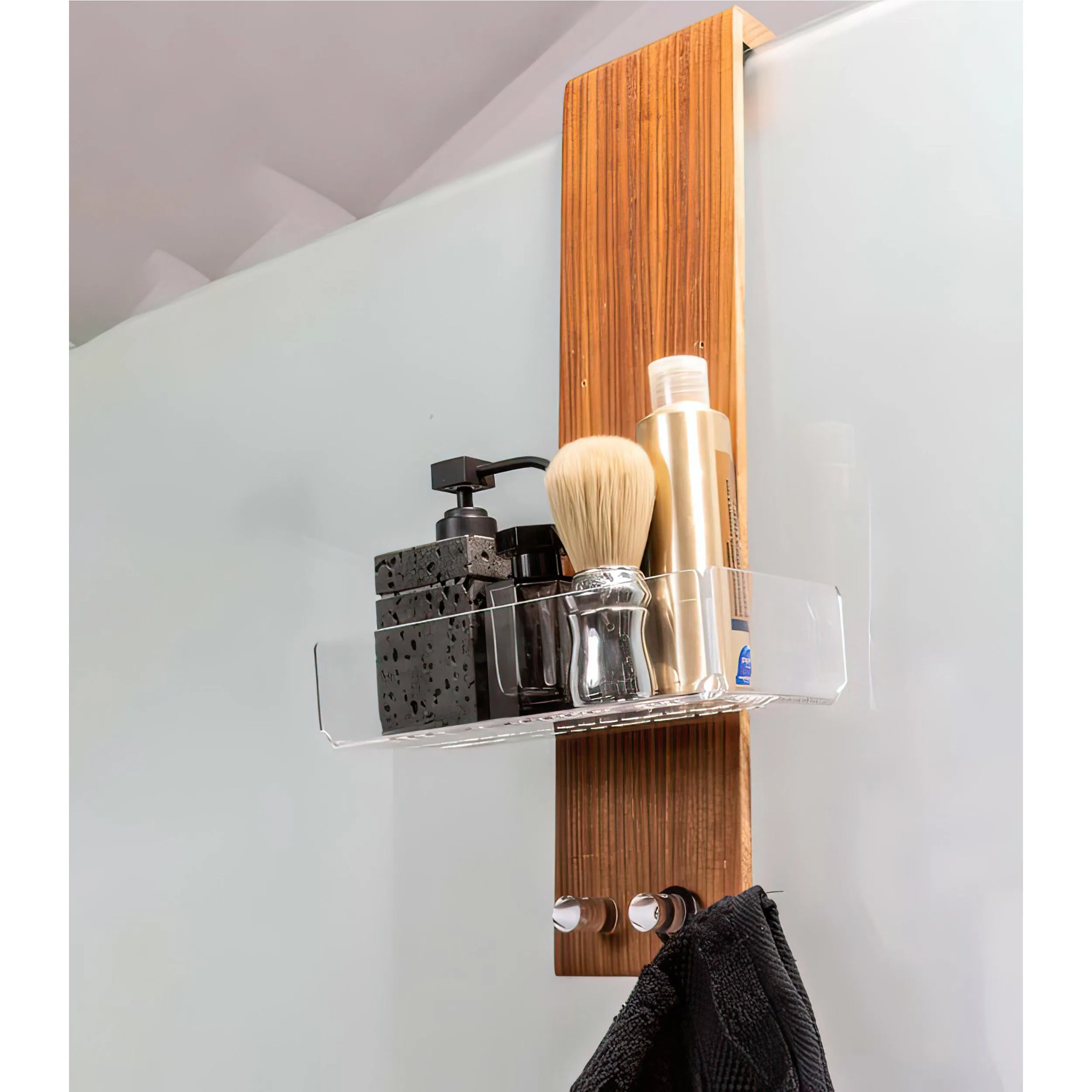 Porta oggetti per doccia Dimensioni 25x15,5xh 50 cm con doppio gancio e vaschetta interna in plexiglass e struttura portante in teak