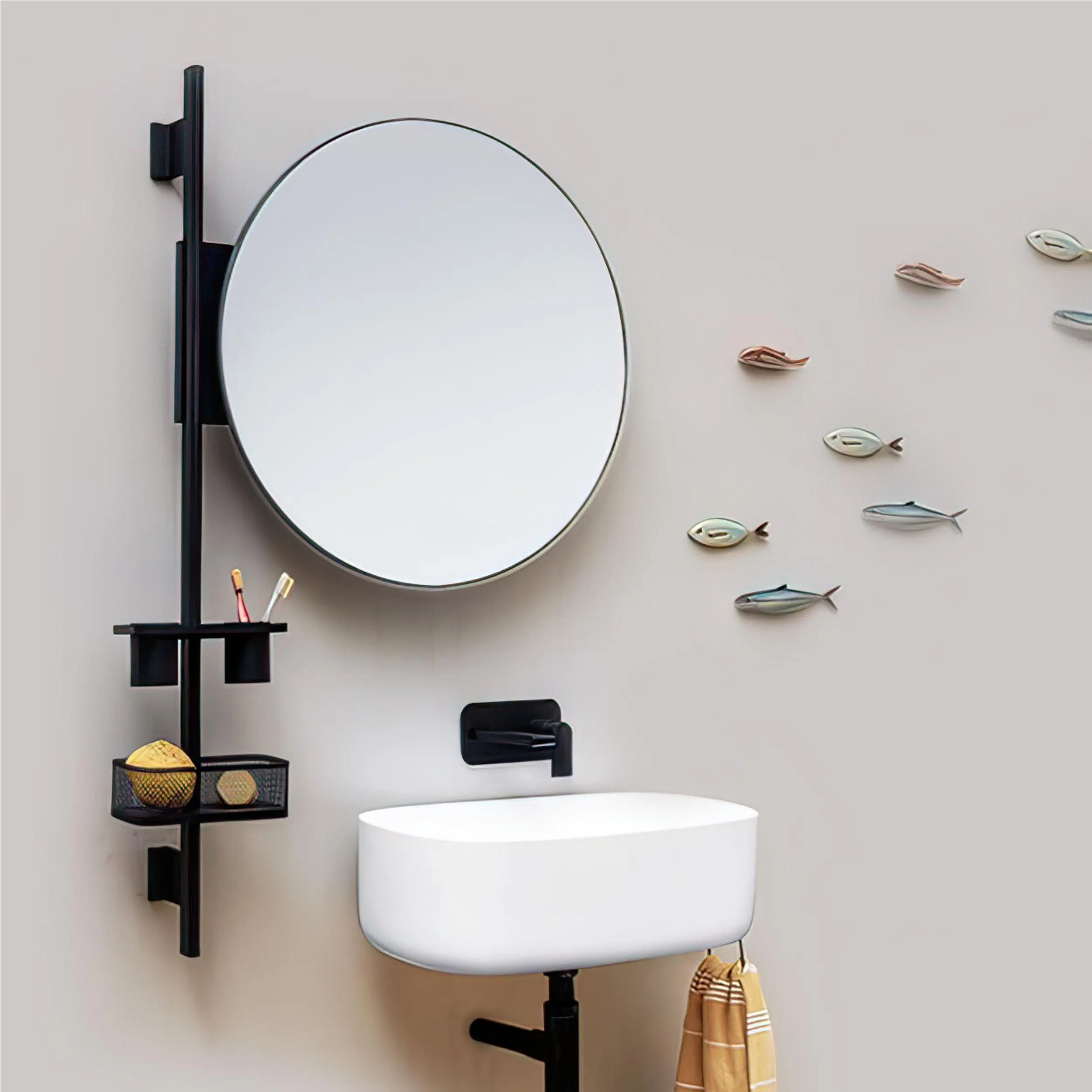 Composizione da Bagno Di Design Specchio, Appendino , Portaoggetti Linea PROP h 84 cm Specchio orientabile Nero opaco RAL 9016