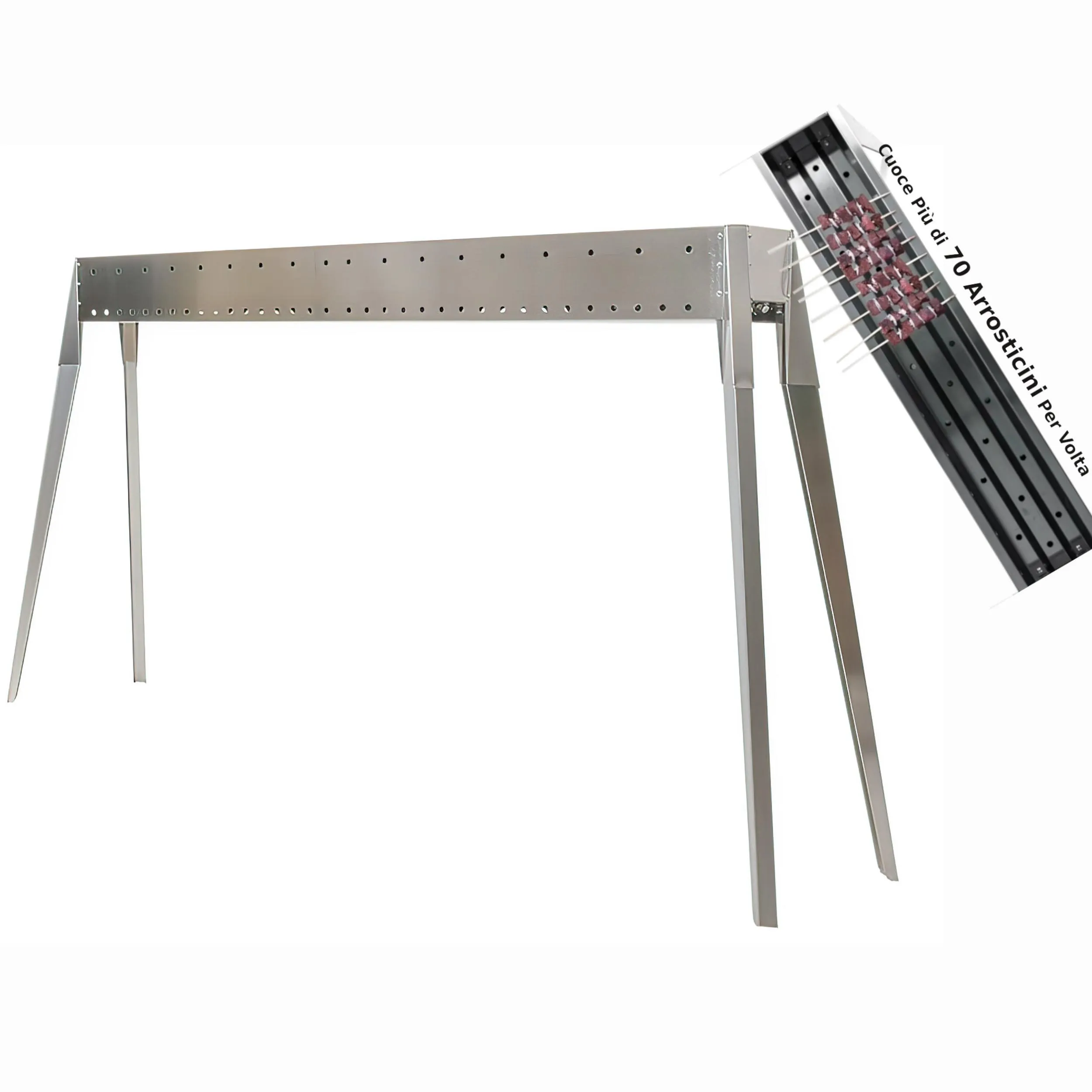 Cuoci spiedini Arrosticini a Carbone, con gambe sfilabili Miami 1500 da oltre 70 Arrosticini spiedini ed arrosticini Dimensione: 120x11x h83 cm in acciaio aisi 430