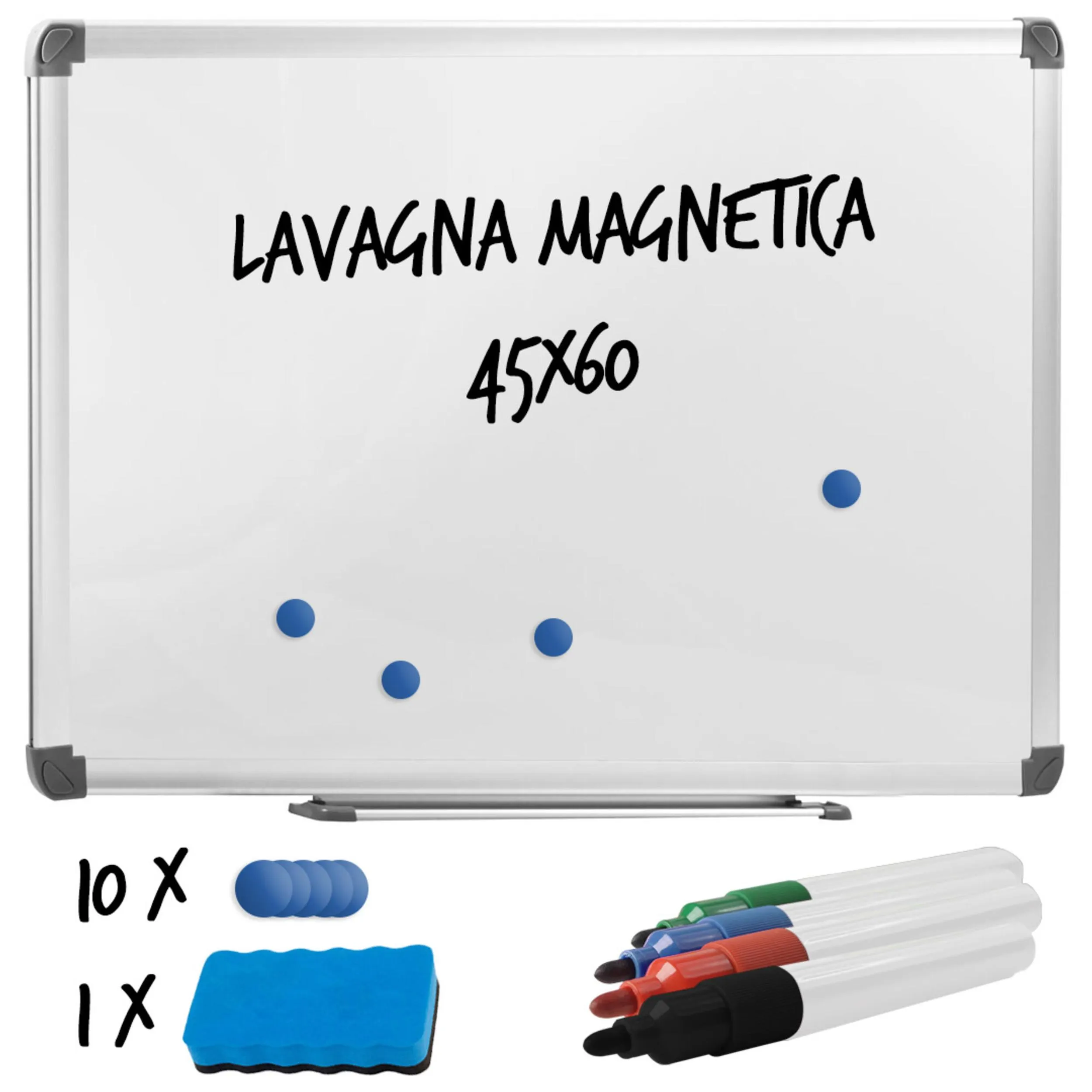 Lavagna magnetica, scrivibile e cancellabile in acciaio laccato Dimensioni 90x60 cm - fissaggio a parete vaschetta porta accessori anodizzato silver