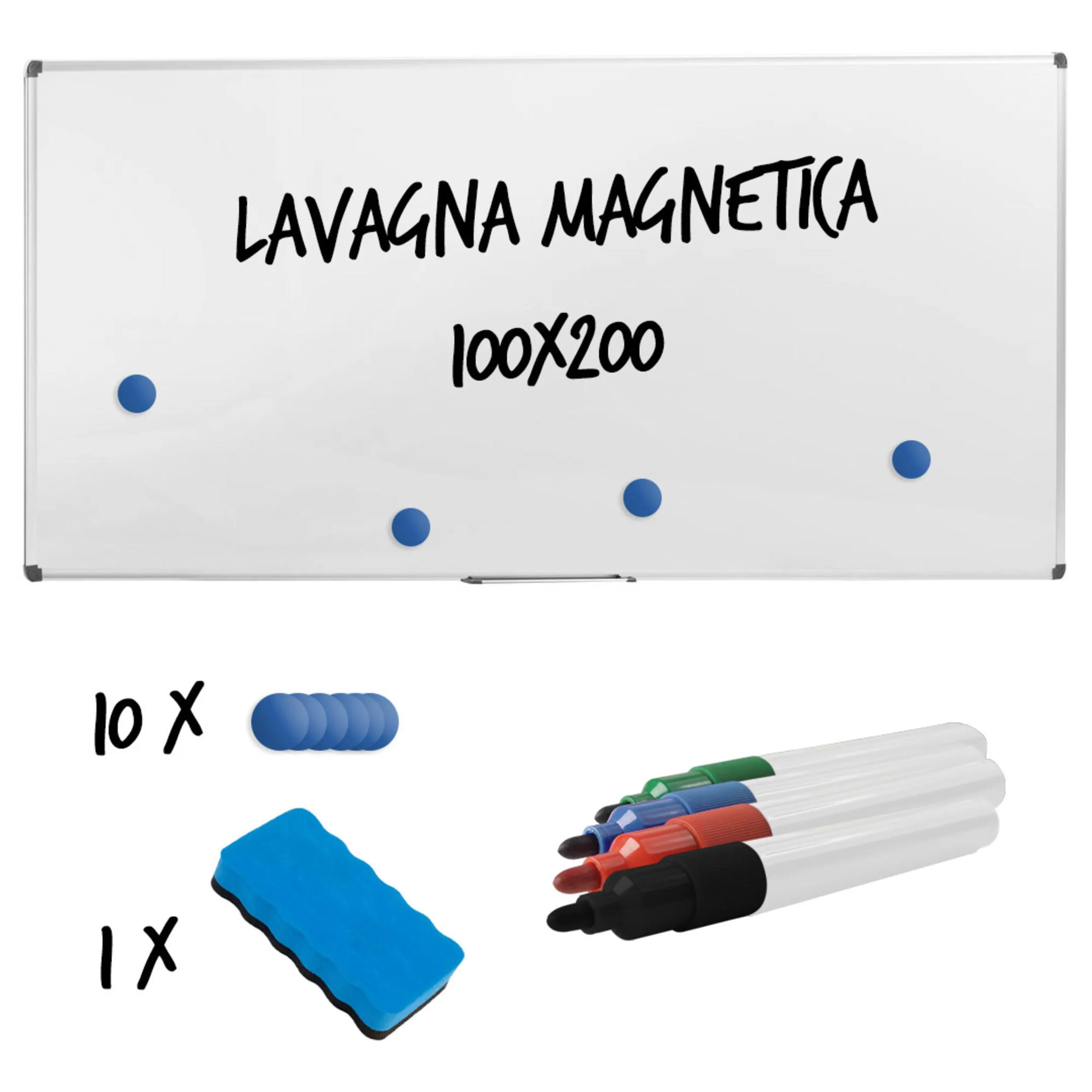 Lavagna magnetica, scrivibile e cancellabile in acciaio laccato Dimensioni 200x100 cm - fissaggio a parete vaschetta porta accessori anodizzato silver