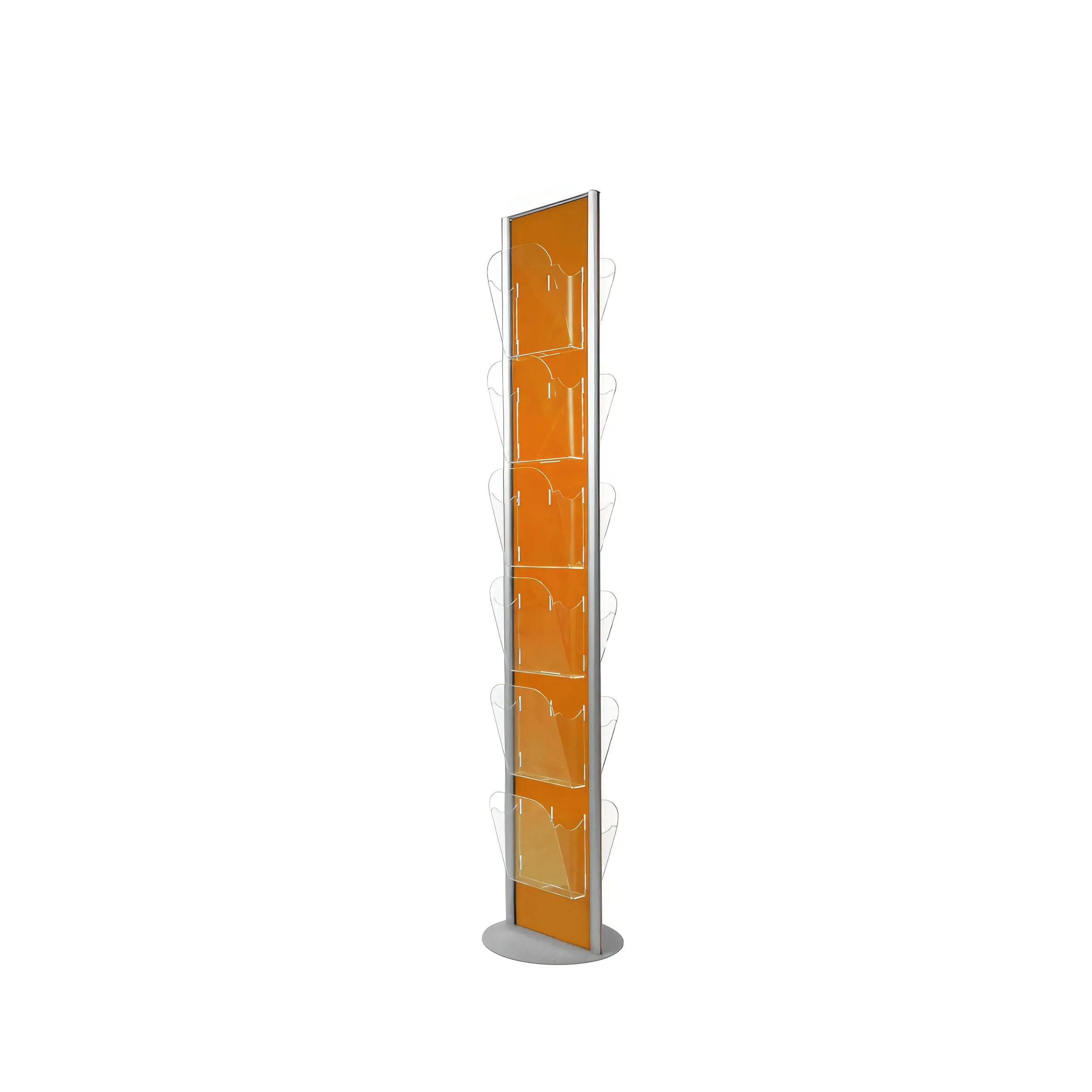 Espositore plexiglass da terra girevole dimensioni 32,4x35x181 cm con 12 tasche 12 tasche formato A4 (6 per lato) Struttura Girevole Profili in pannello colorato Arancio Coprente