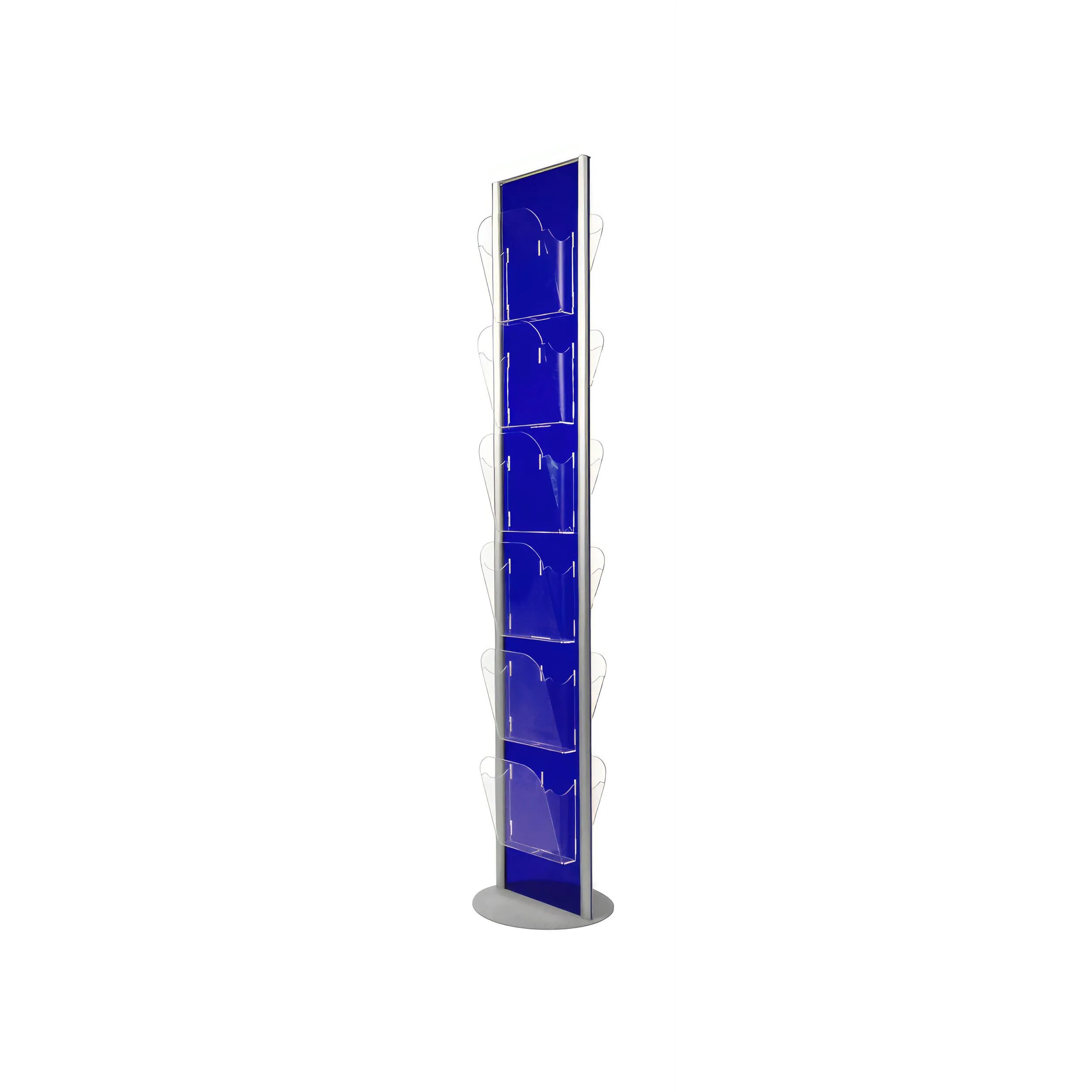 Espositore plexiglass da terra girevole dimensioni 32,4x35x181 cm con 12 tasche 12 tasche formato A4 (6 per lato) Struttura Girevole Profili in pannello colorato blu