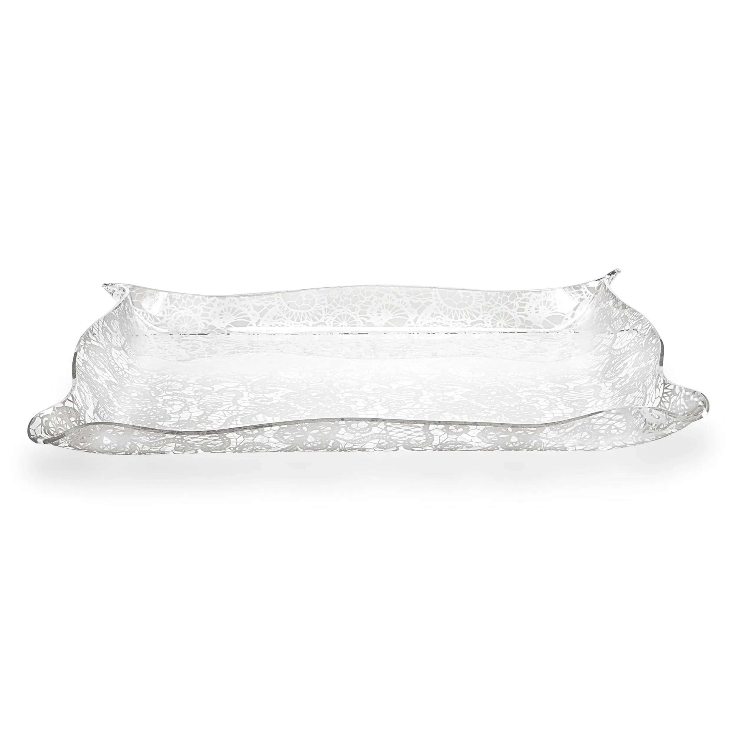 Vassoio Rettangolare Porta bicchieri, tazzine SMALL Plexiglass PIZZO Paglia di Vienna Linea DRAPPEGGI PIZZO , 41x31x h 5 cm - 0,2 kg Colore Trasparente /Bianco