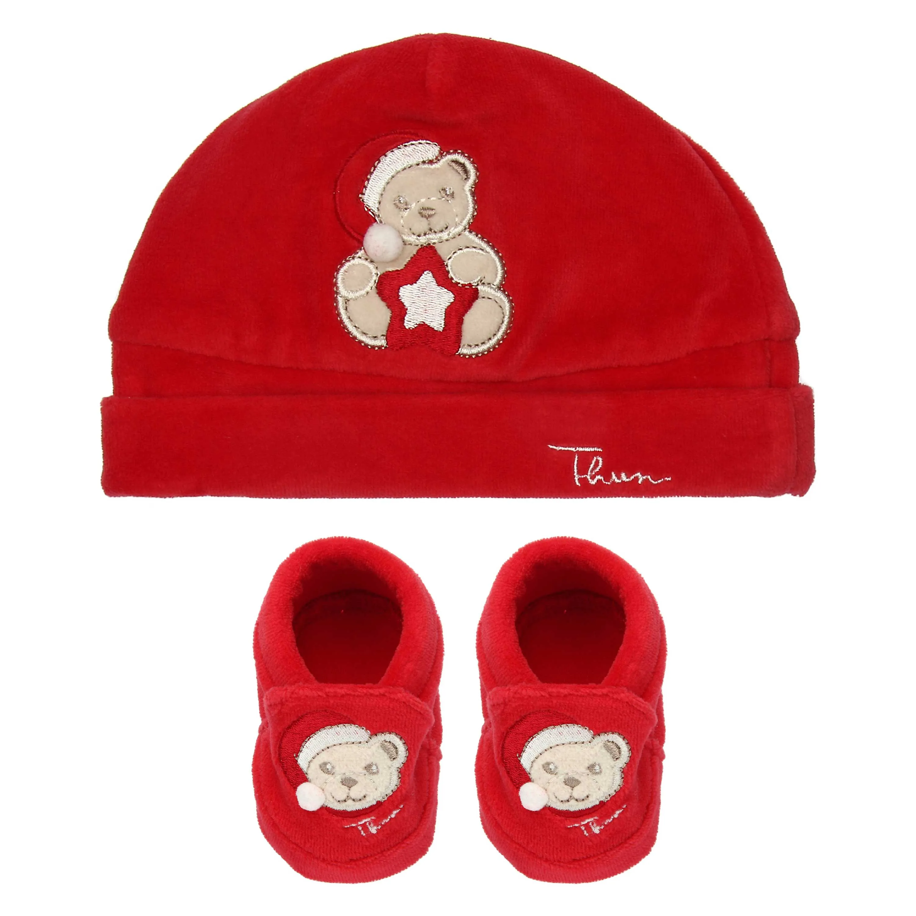 Cappello e scarpine rosse unisex THUN & OVS in ciniglia "Il mio primo Natale"