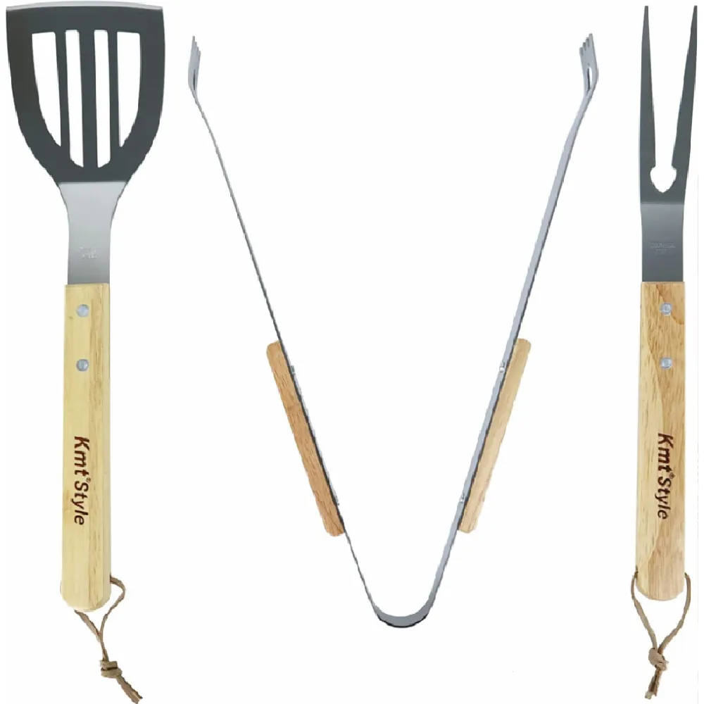 SET 3 ATTREZZI GRIGLIA BARBECUE FORCHETTONE PINZA SPATOLA IN ACCIAIO MANICO LEGNO