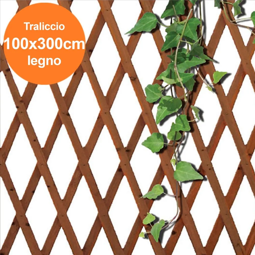 TRALICCIO RETE ESTENSIBILE IN LEGNO SCURO PER PARETE DA GIARDINO PIANTE 100X300